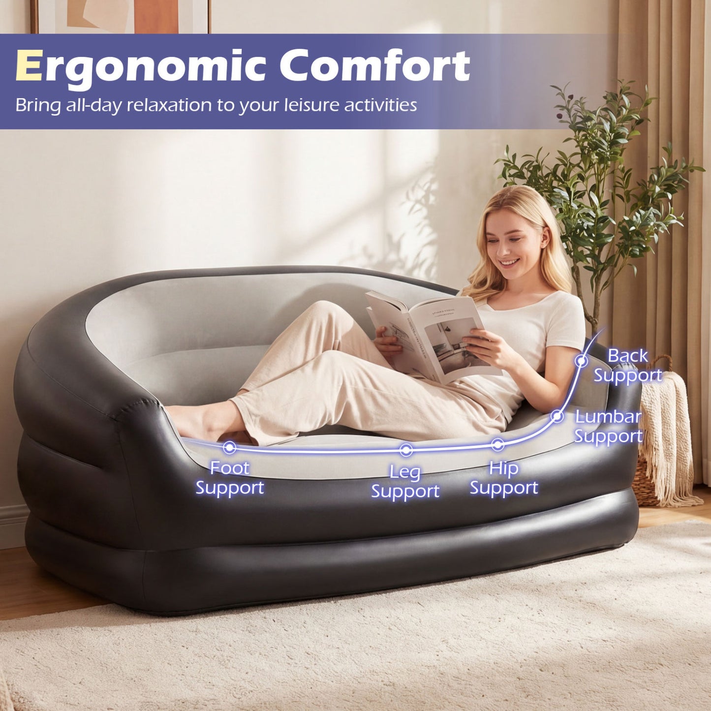 Inflatable Loveseat Couch 2-Seater with Flocked Surface