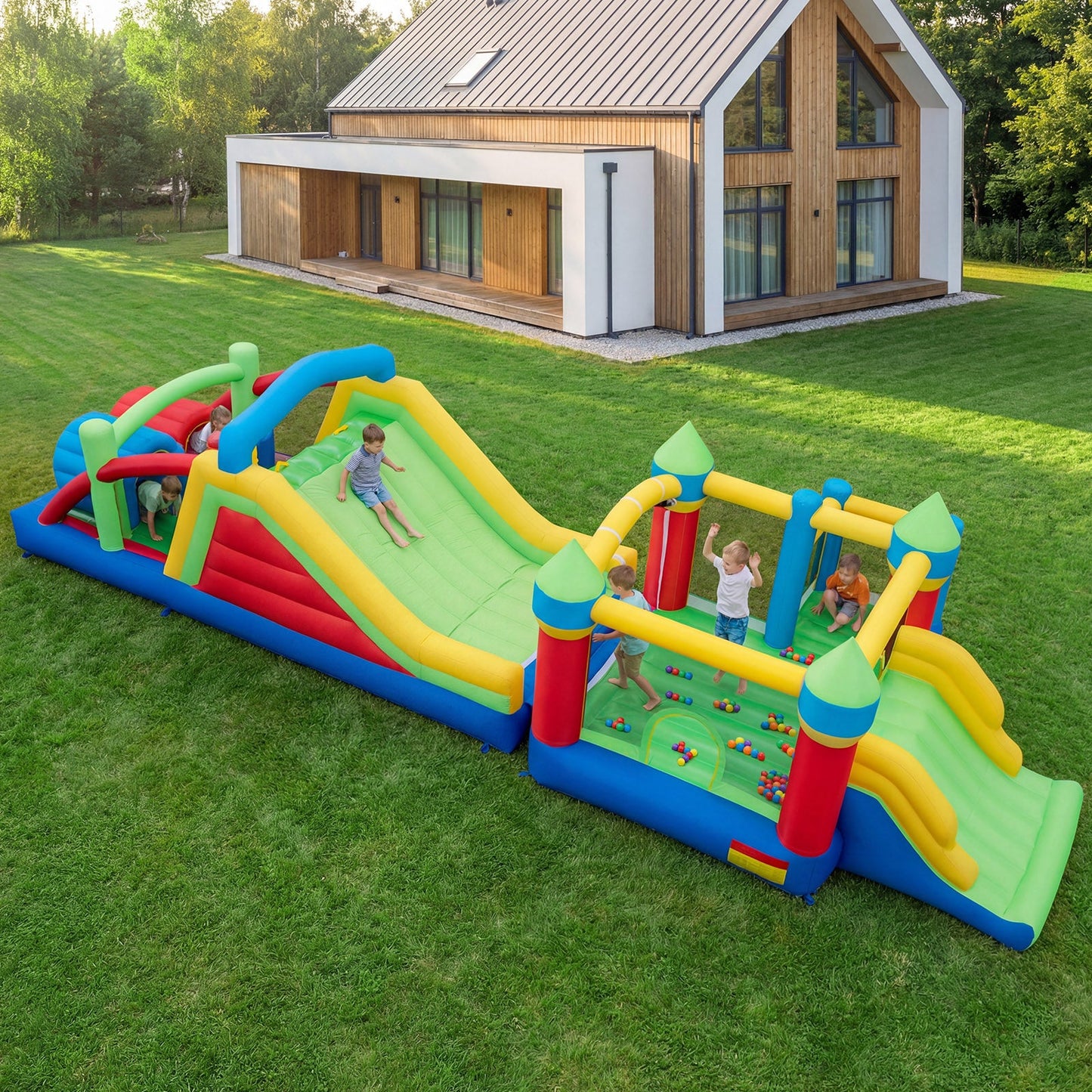 Inflatable Obstacle Course Bounce House with Dual Slides and Tunnels without Blower