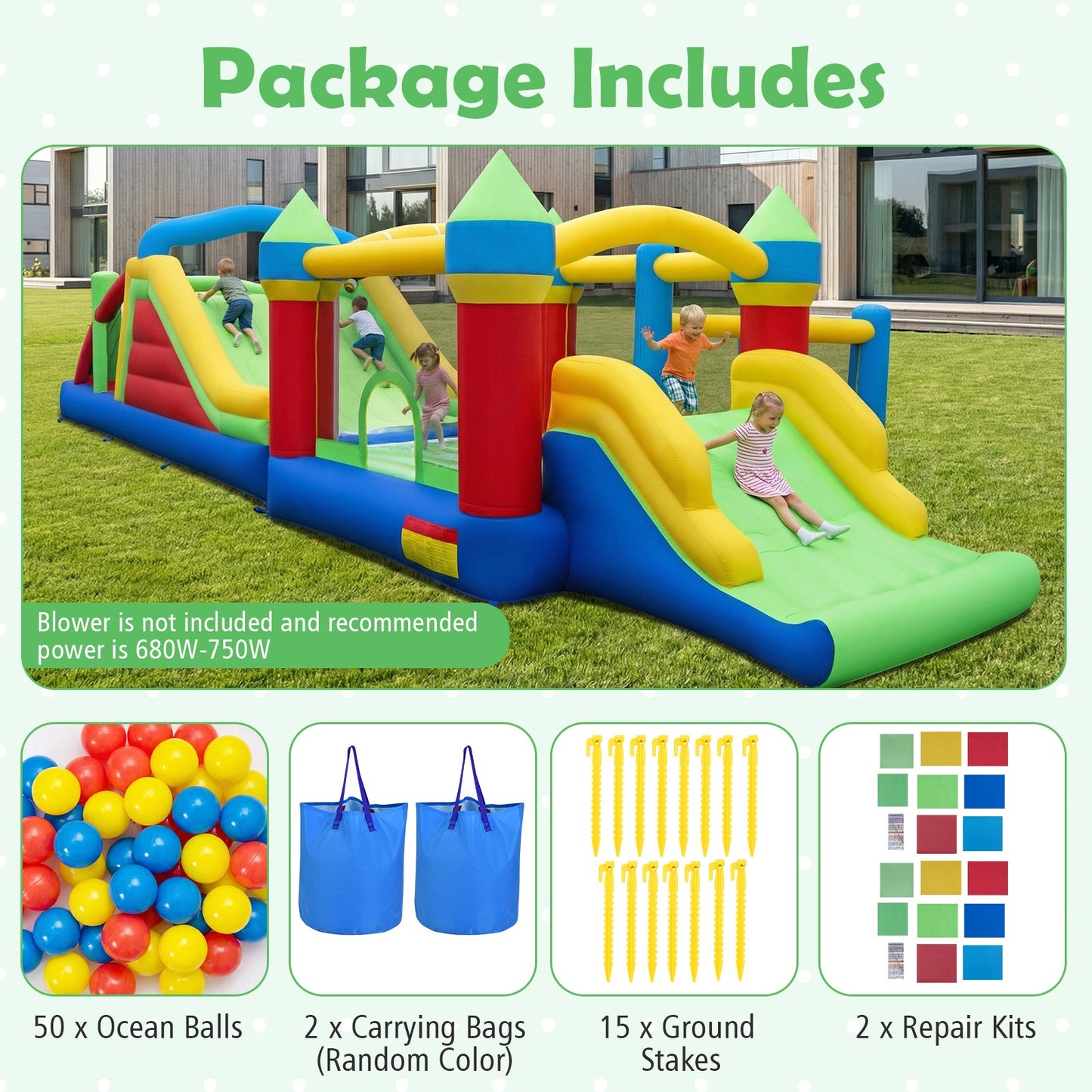 Inflatable Obstacle Course Bounce House with Dual Slides and Tunnels without Blower