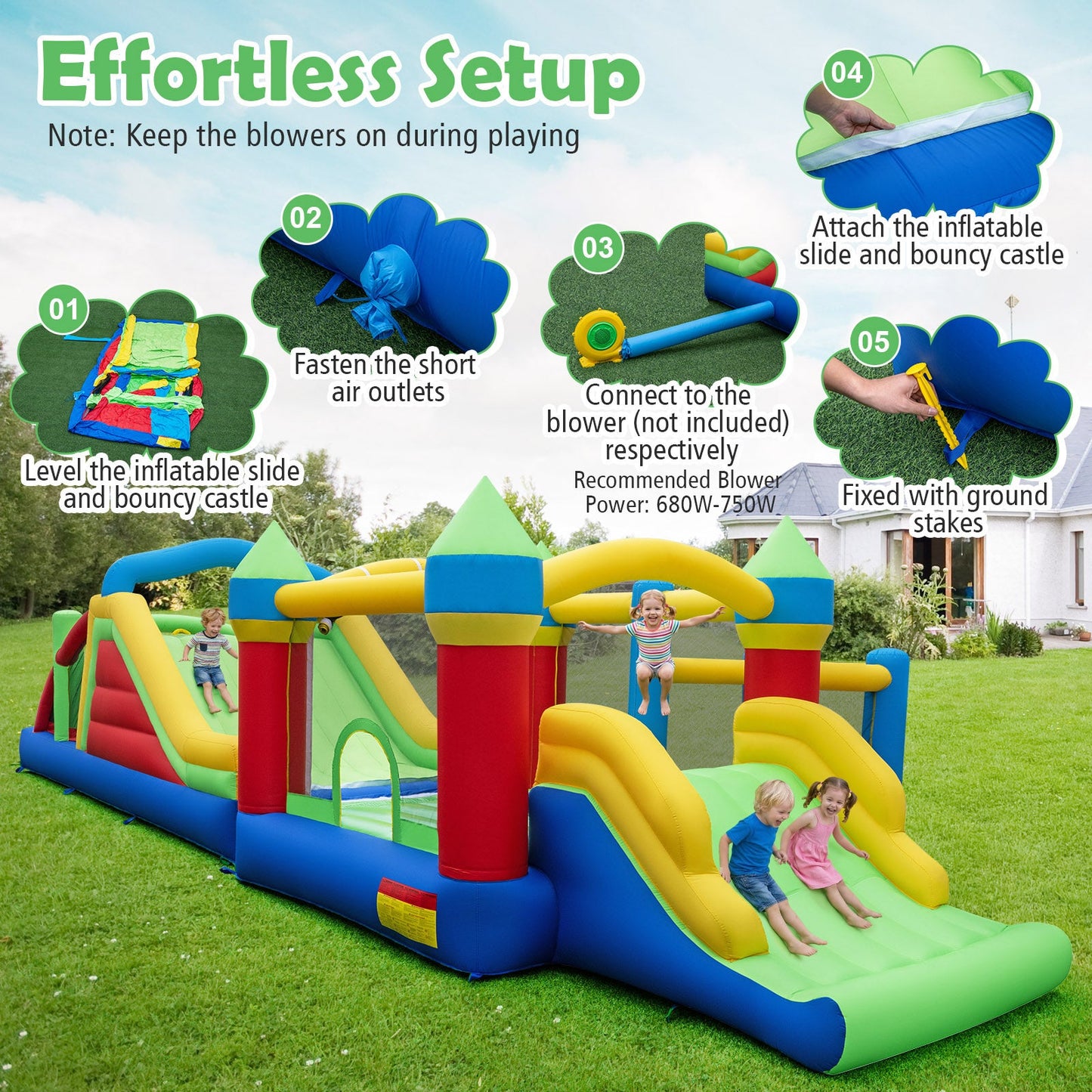 Inflatable Obstacle Course Bounce House with Dual Slides and Tunnels without Blower