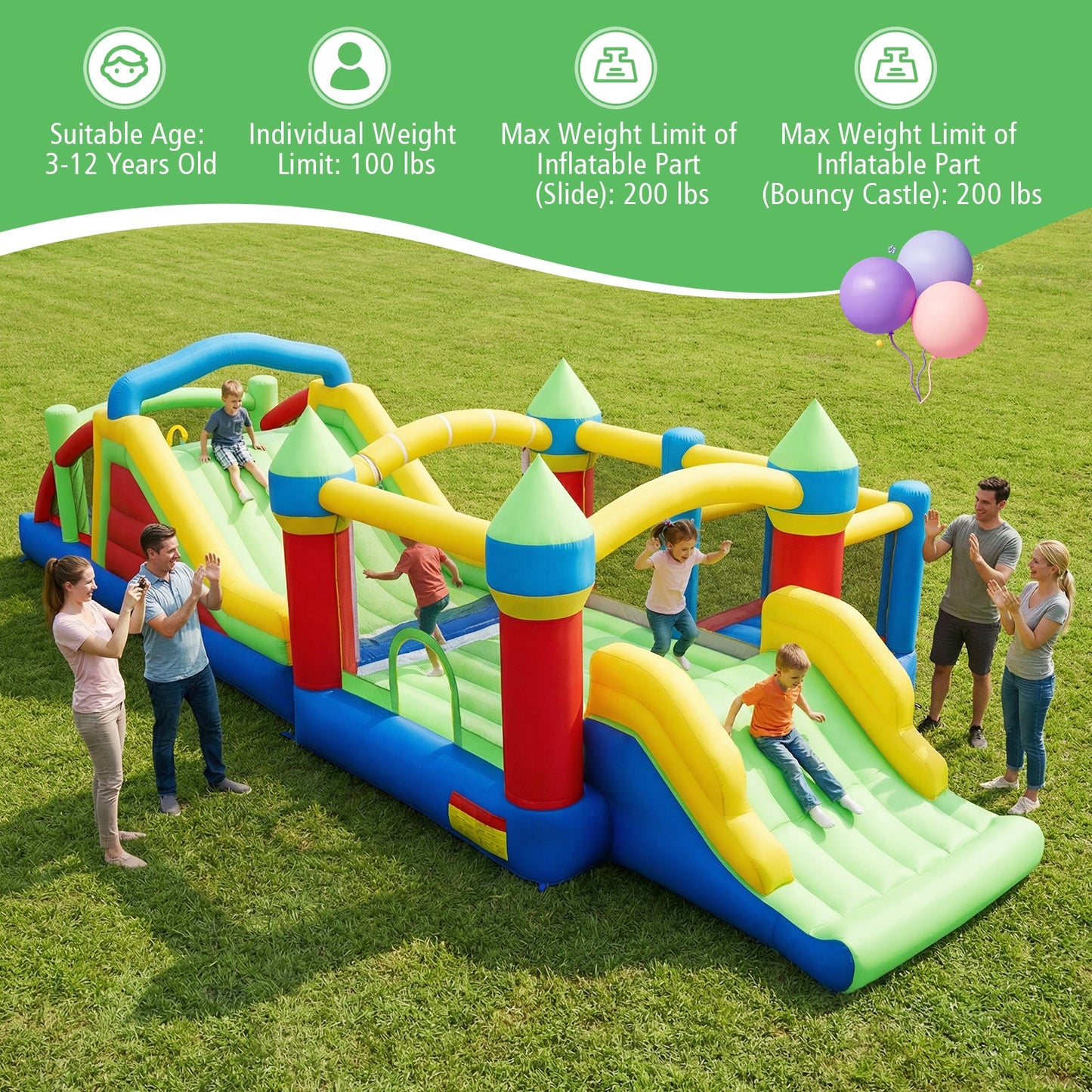 Inflatable Obstacle Course Bounce House with Dual Slides and Tunnels without Blower