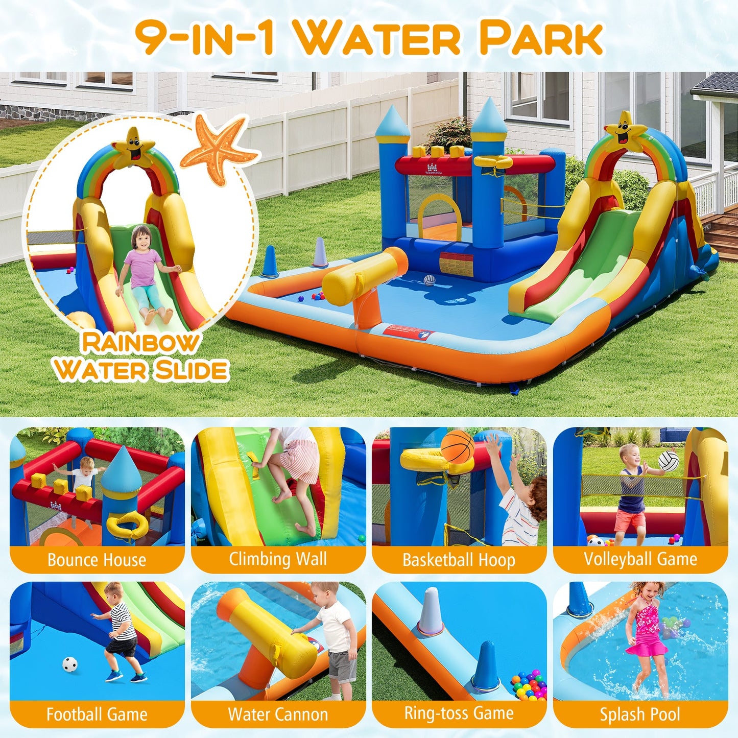 Inflatable Water Slide Park Bouncy Castle with Climbing Wall with 735W Blower