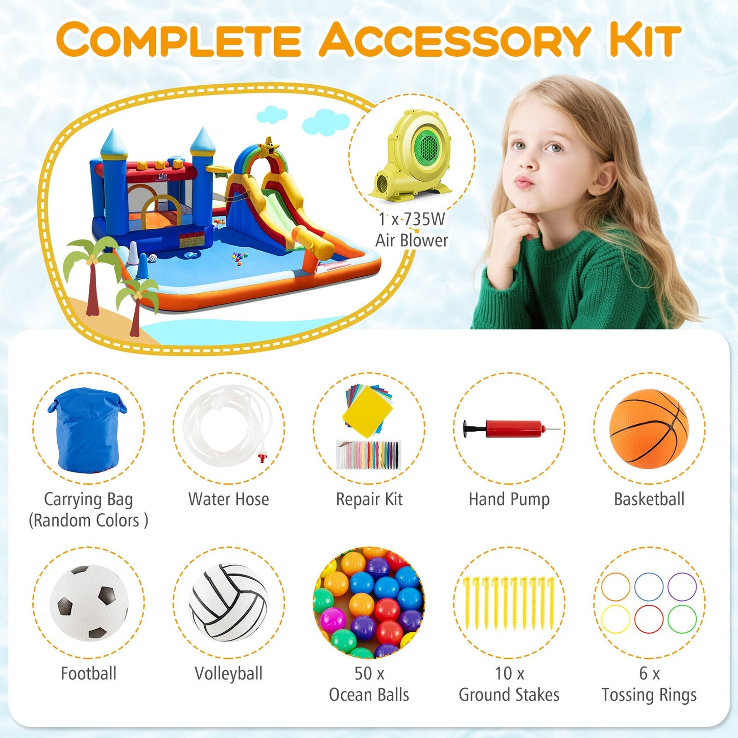 Inflatable Water Slide Park Bouncy Castle with Climbing Wall with 735W Blower