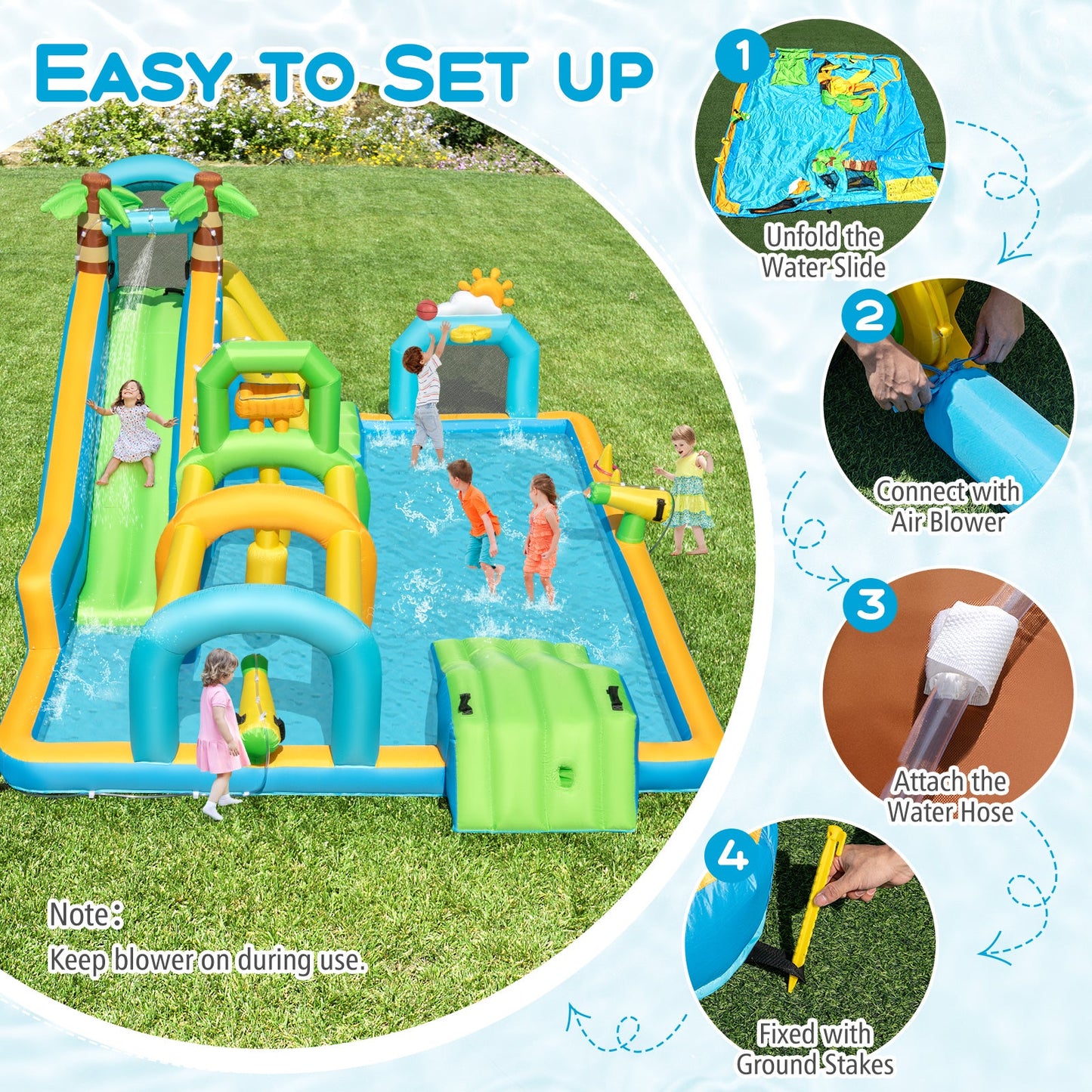 Inflatable Water Slide Tropical Theme Dual Slide Aqua Park with 680W Blower