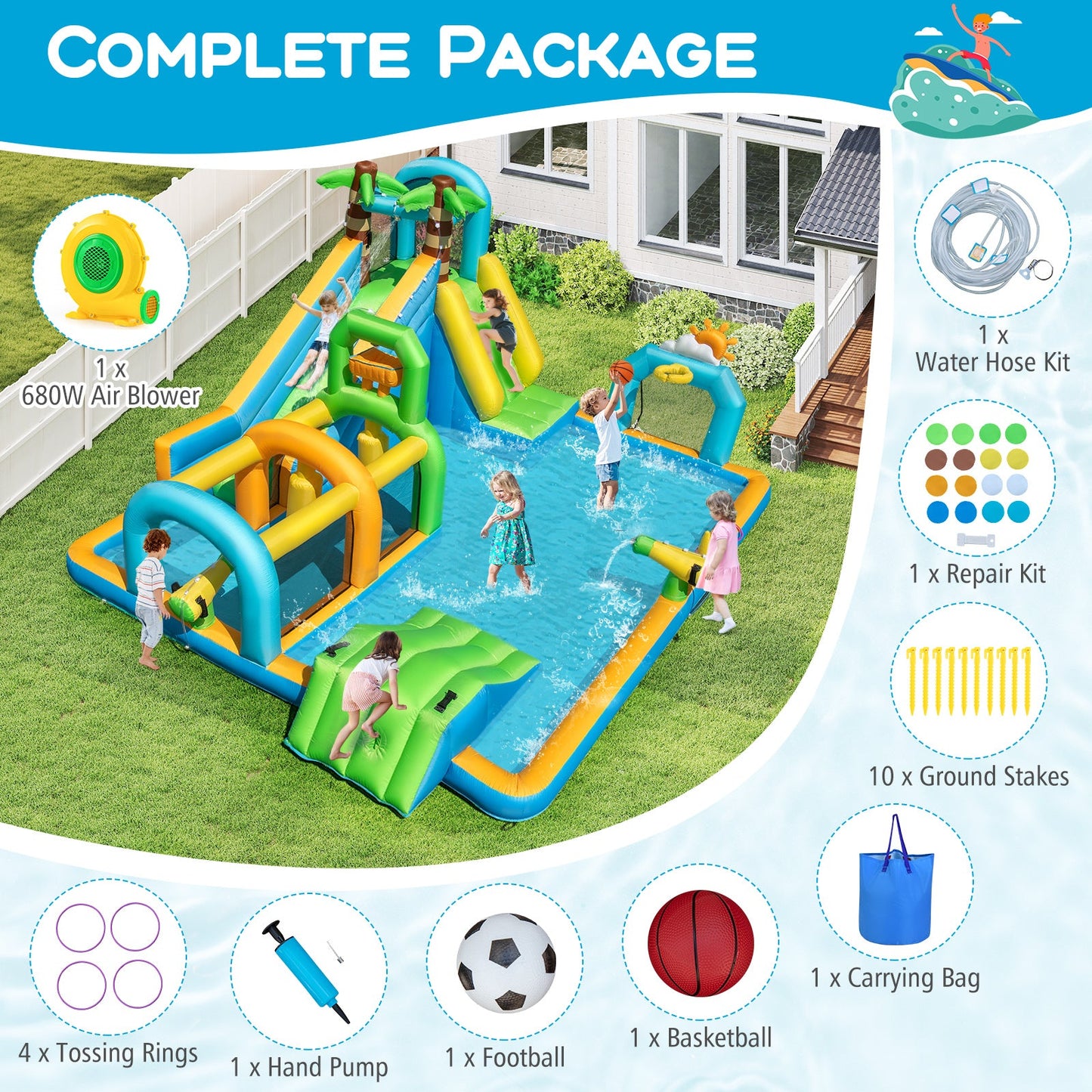 Inflatable Water Slide Tropical Theme Dual Slide Aqua Park with 680W Blower