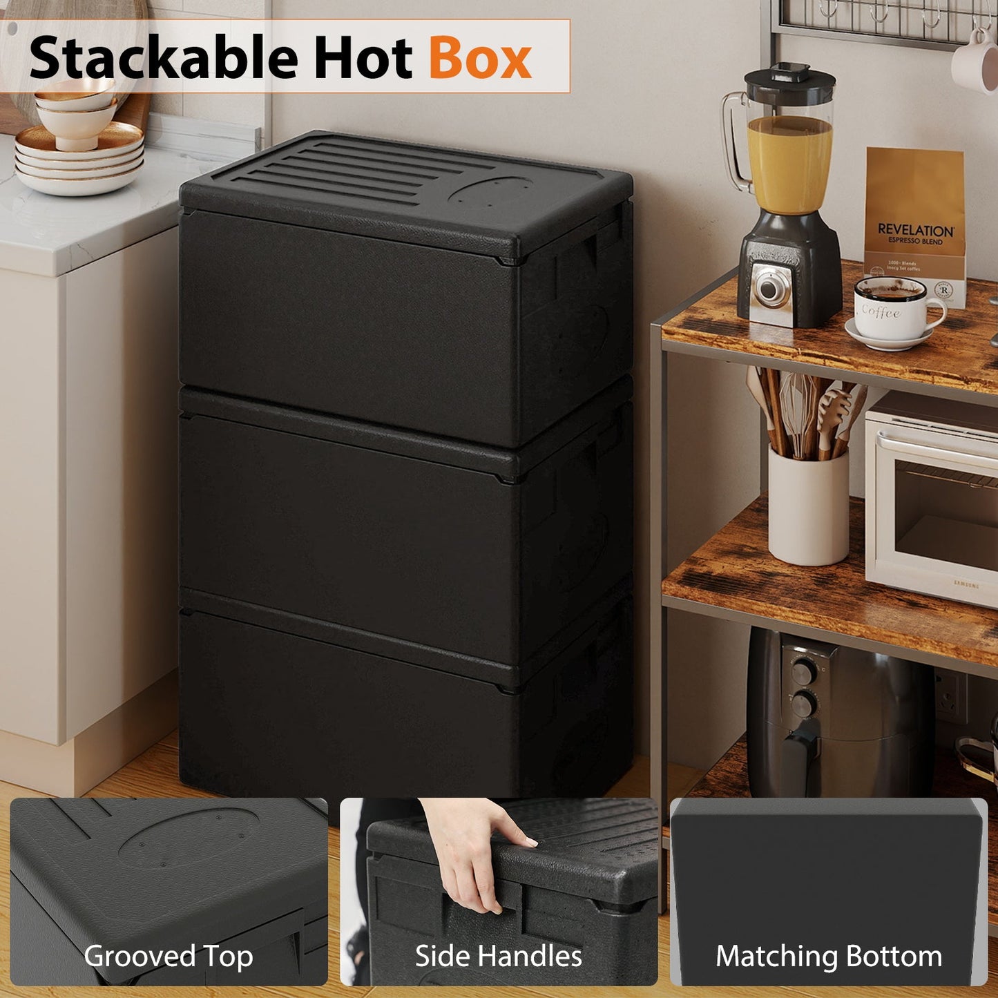 Insulated Food Pan Carrier 49 Qt Top Load Stackable Hot Box with Built-in Handles