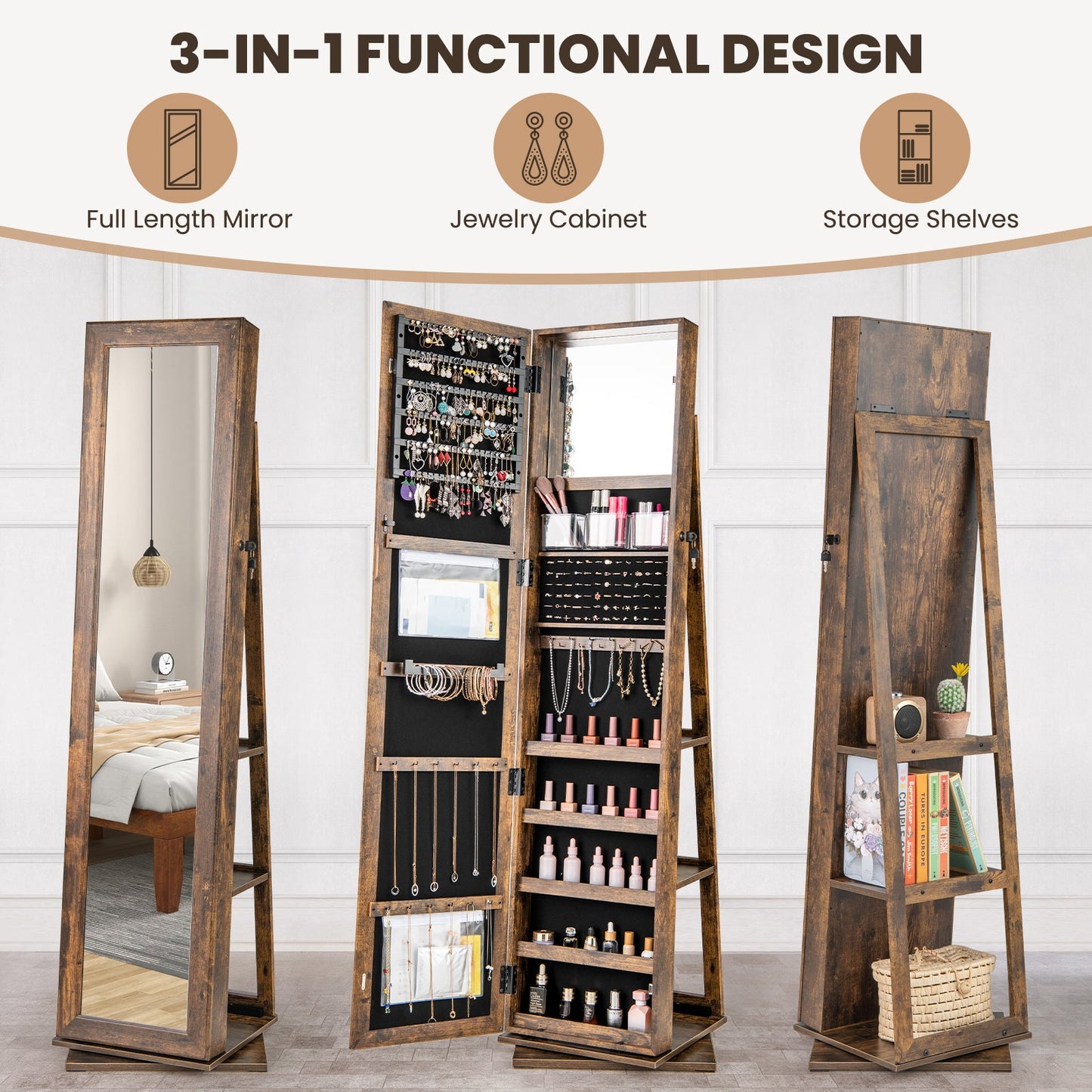 360¬∞ Swivel Jewelry Armoire Standing Jewelry Organizer with Full Length Mirror and Back Shelves