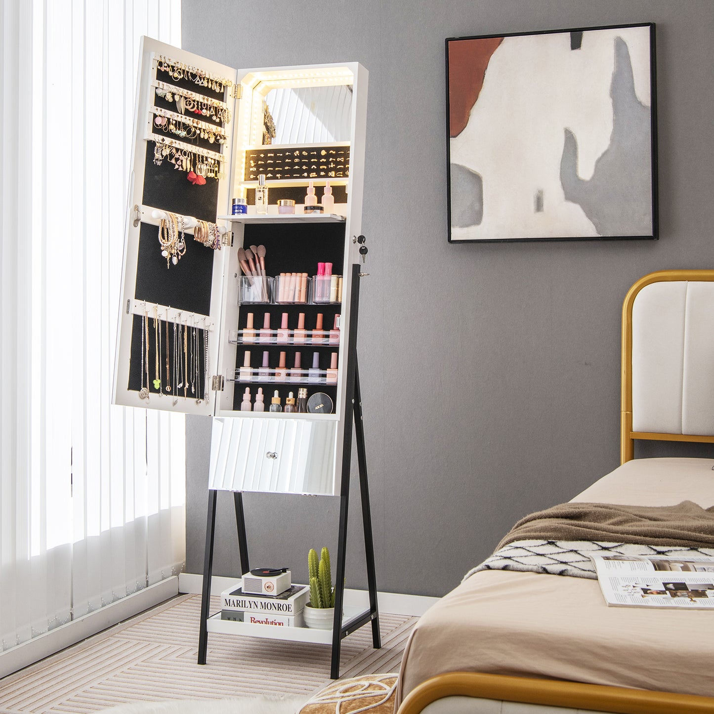 Freestanding Jewelry Armoire with Full-Length Mirror