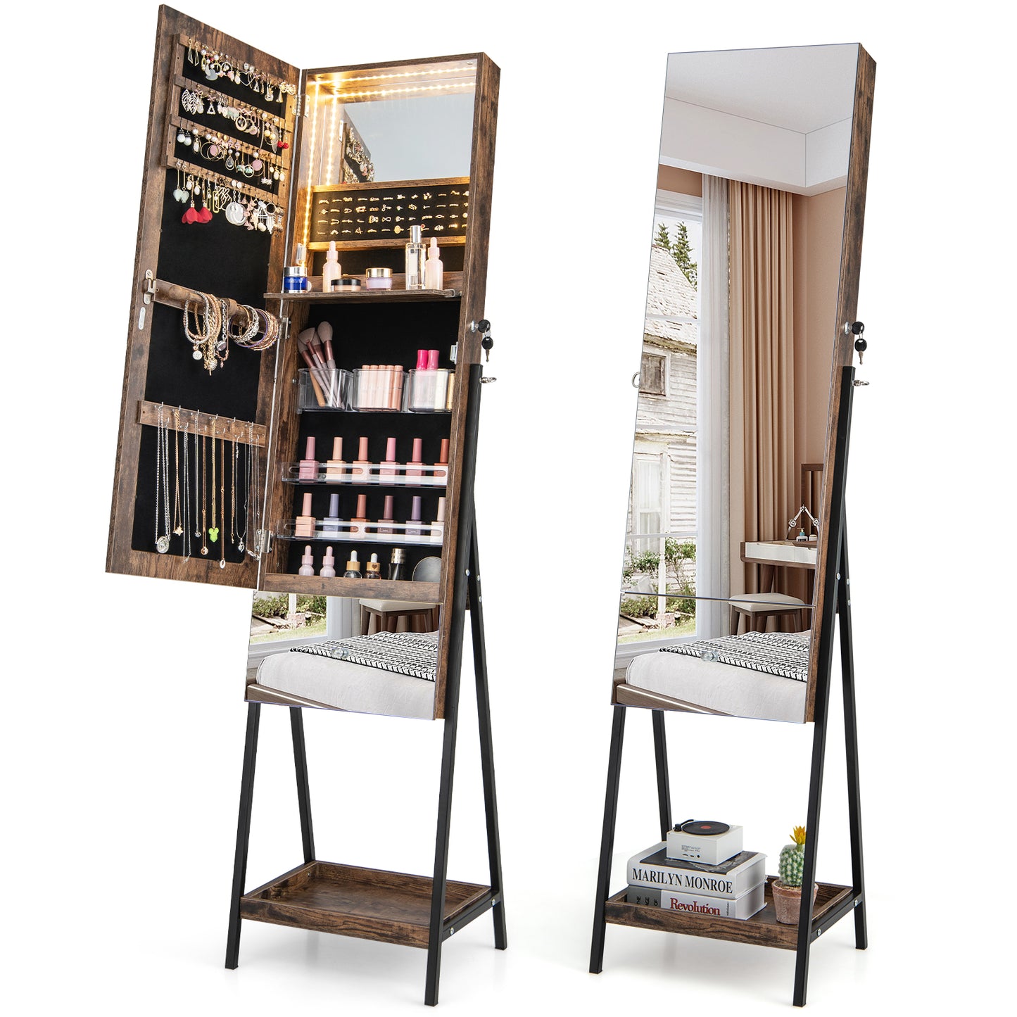 Freestanding Jewelry Armoire with Full-Length Mirror