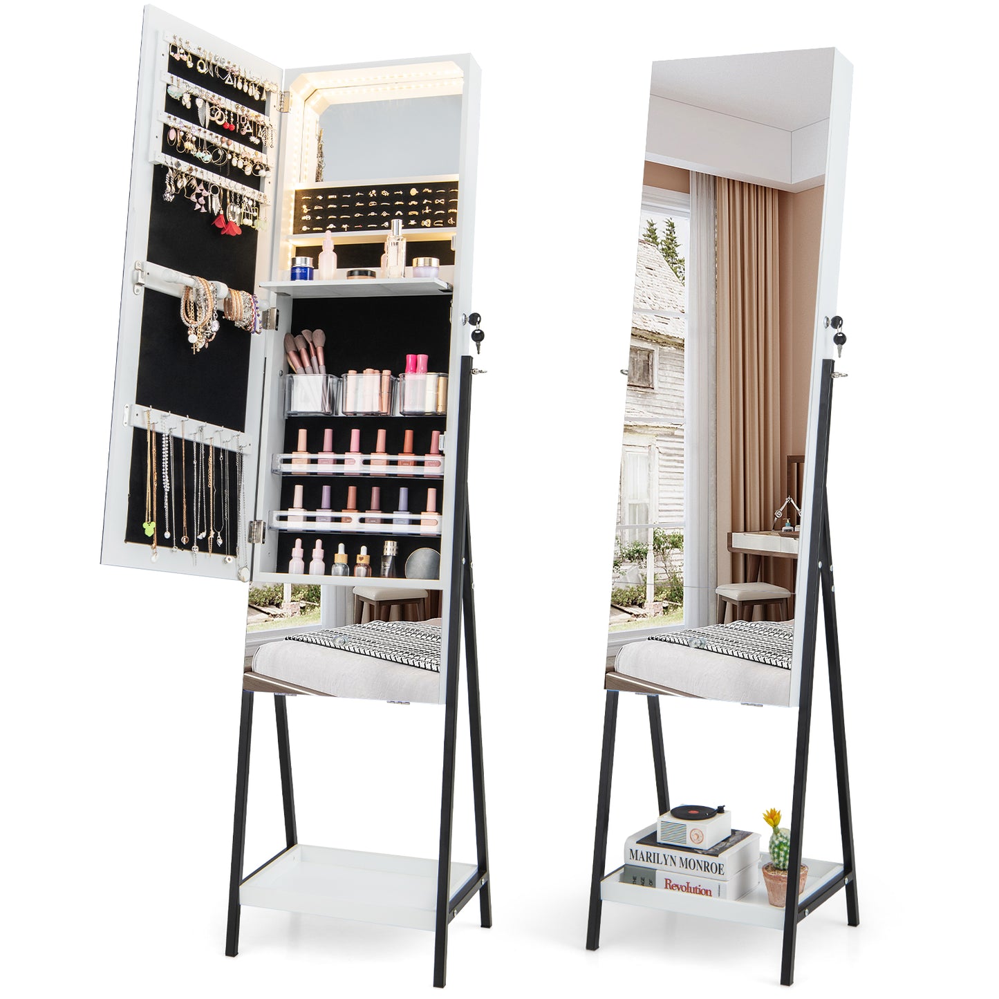 Freestanding Jewelry Armoire with Full-Length Mirror