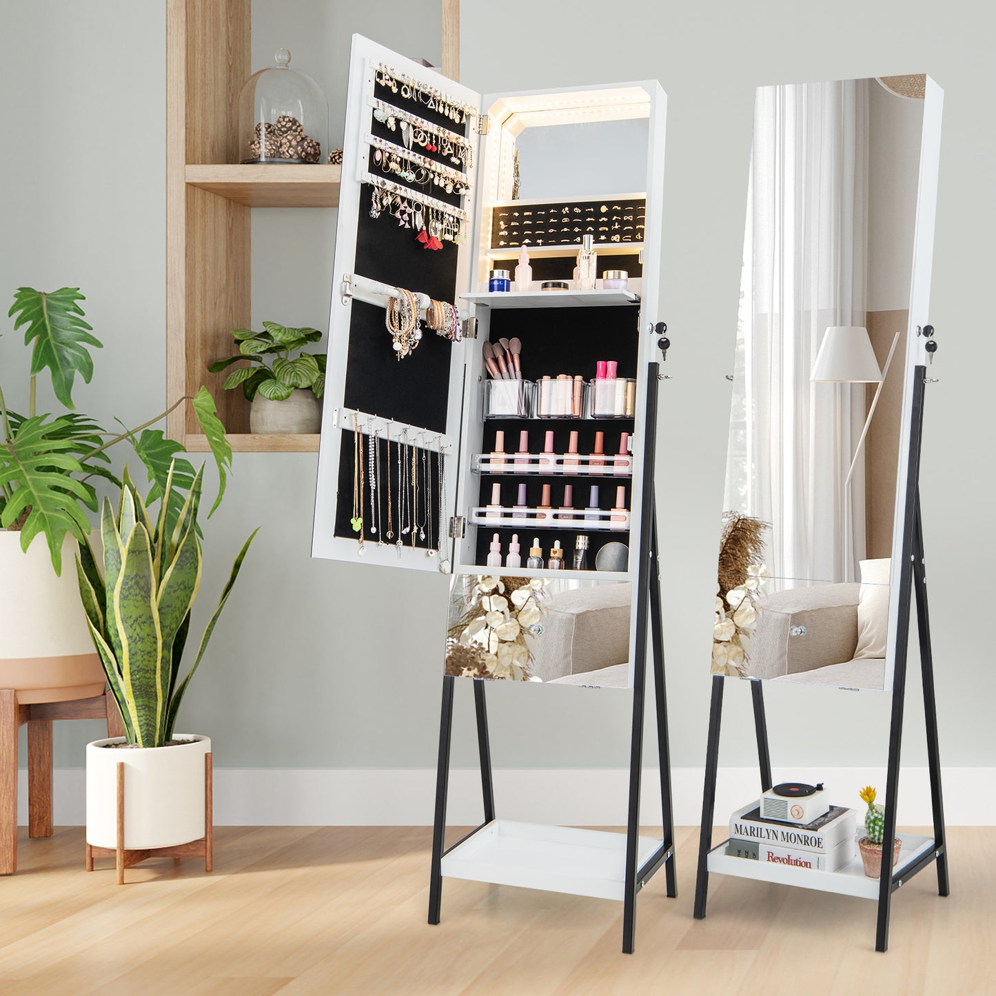 Freestanding Jewelry Armoire with Full-Length Mirror