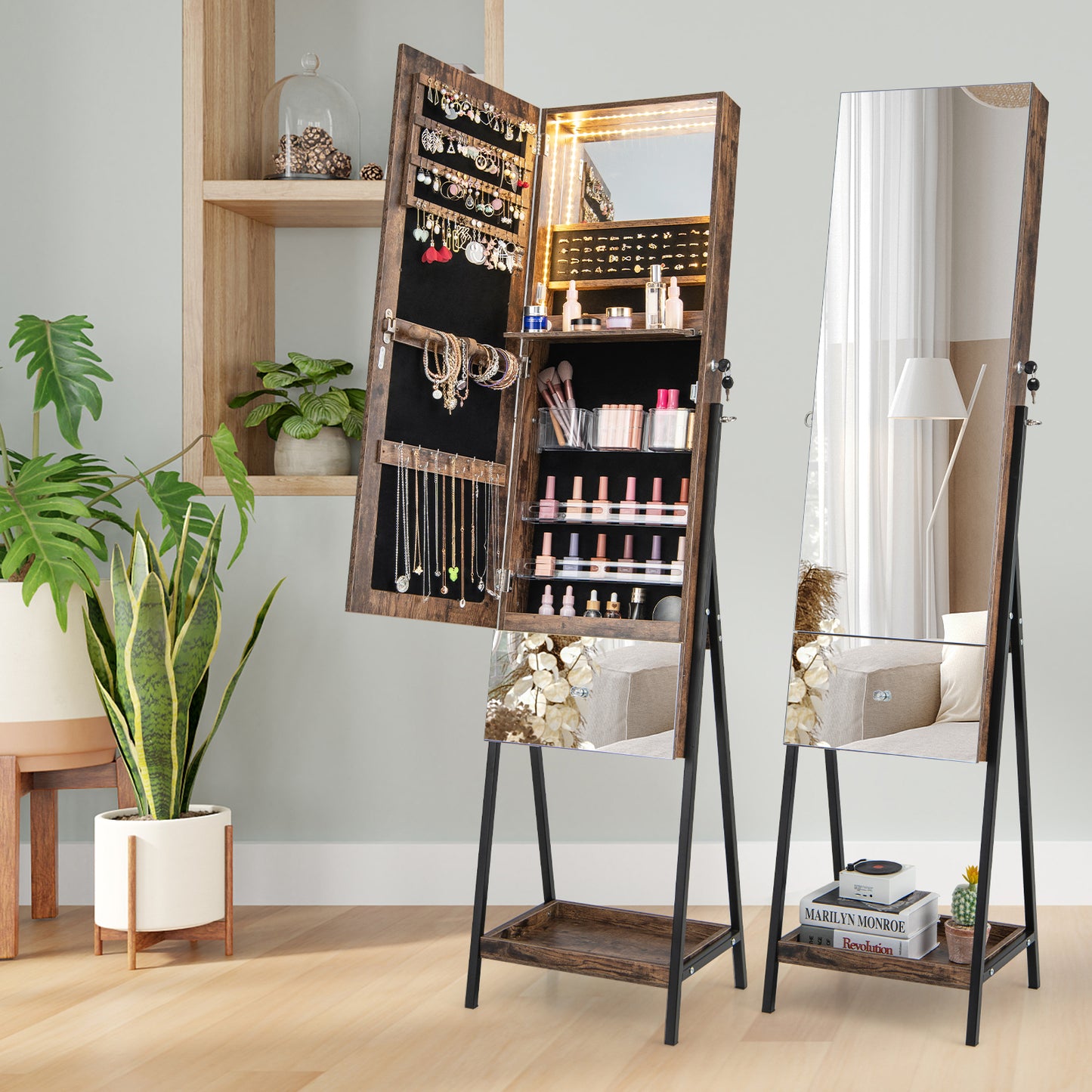 Freestanding Jewelry Armoire with Full-Length Mirror