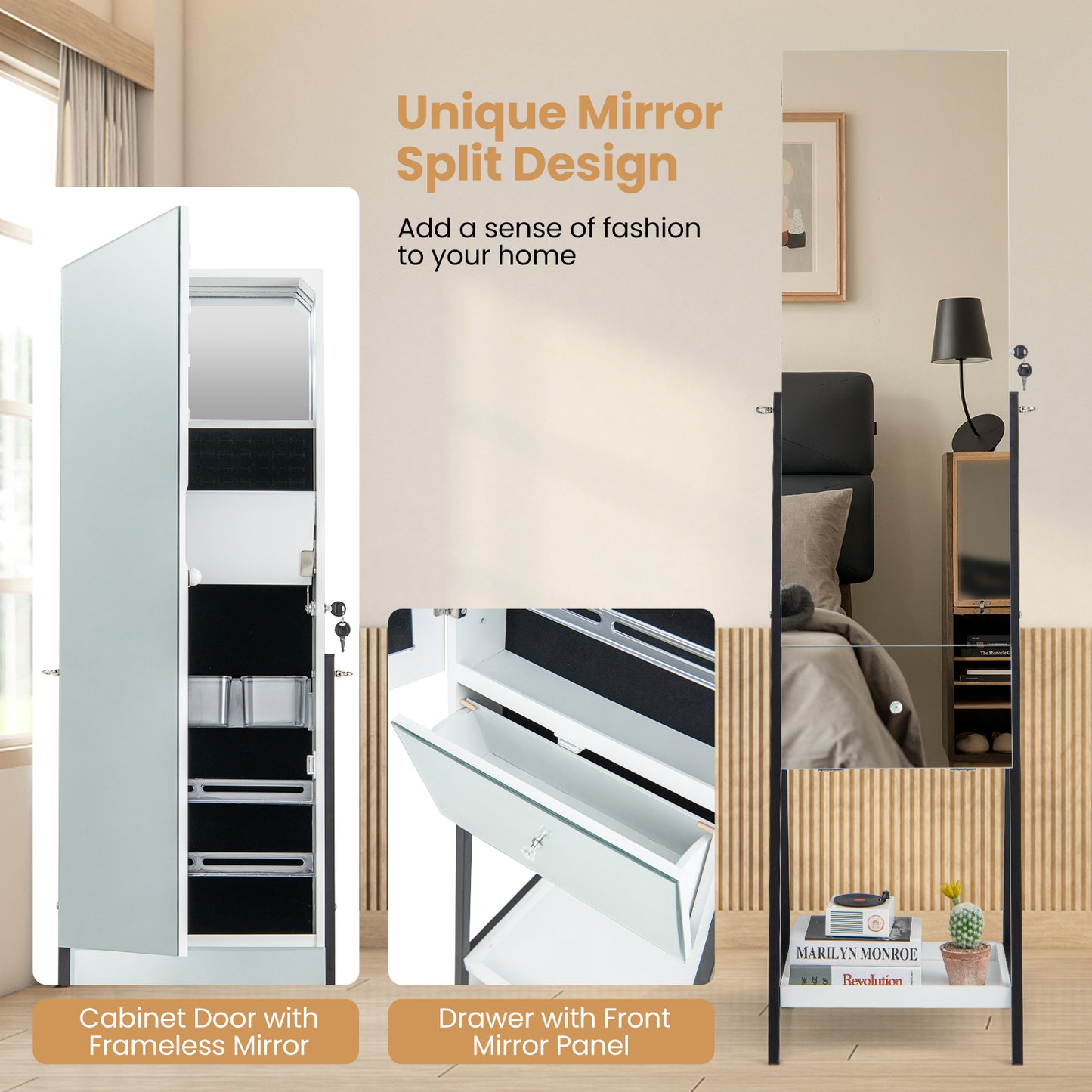 Freestanding Jewelry Armoire with Full-Length Mirror