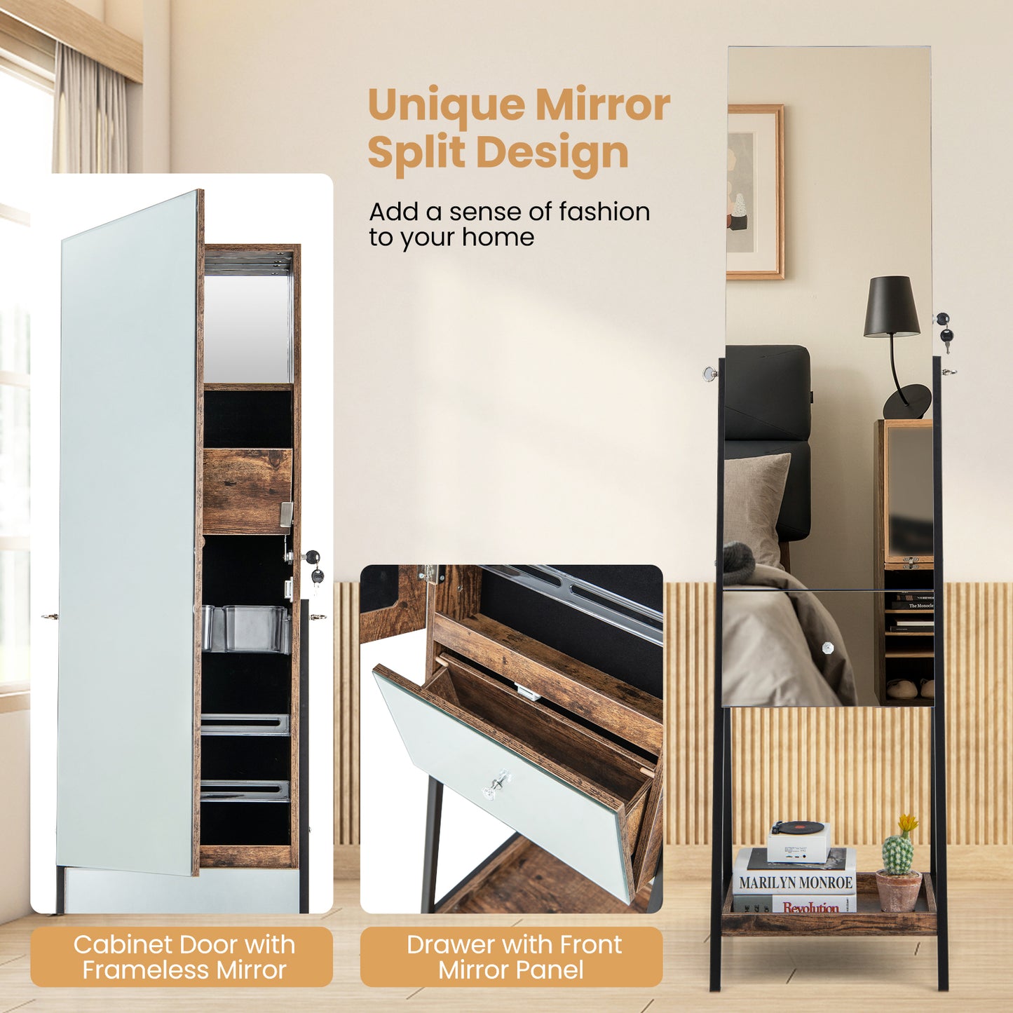 Freestanding Jewelry Armoire with Full-Length Mirror