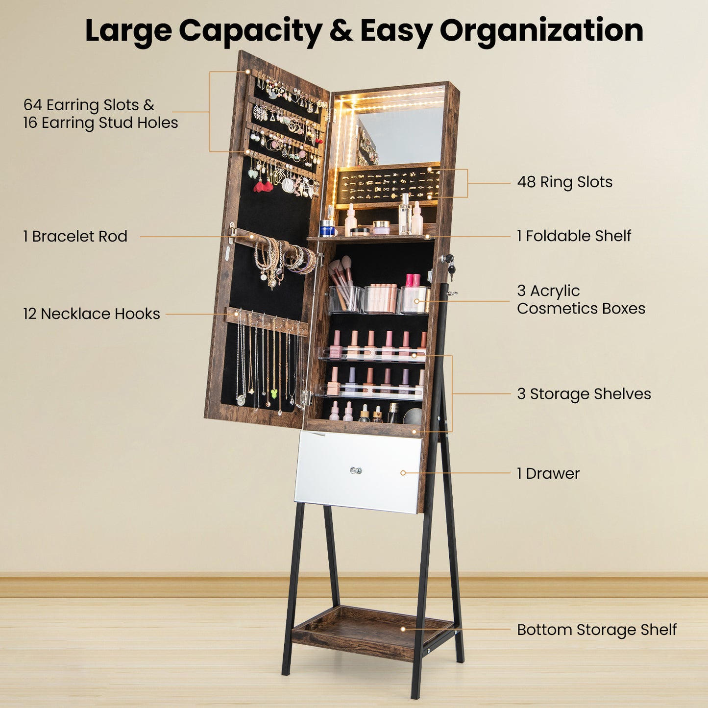 Freestanding Jewelry Armoire with Full-Length Mirror