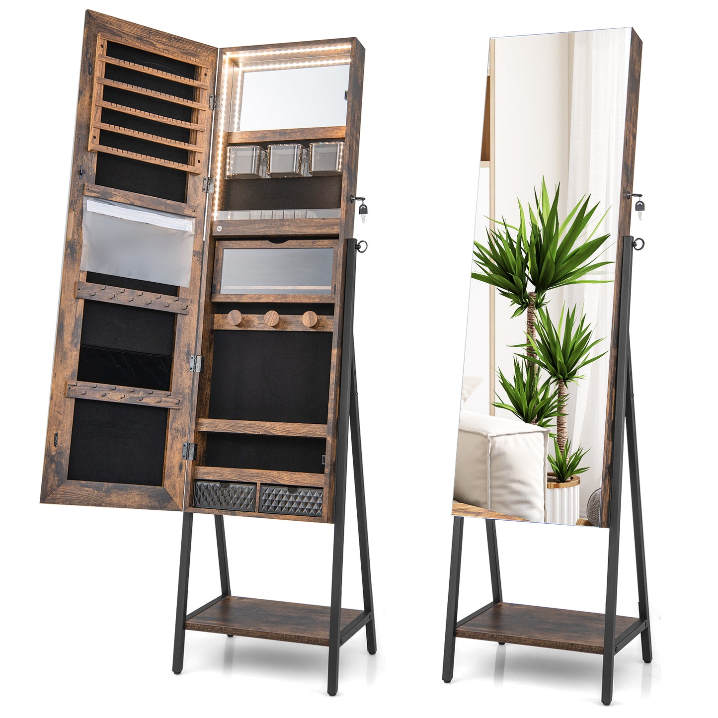 Jewelry Armoire with Full-Length Mirror and LED Lights