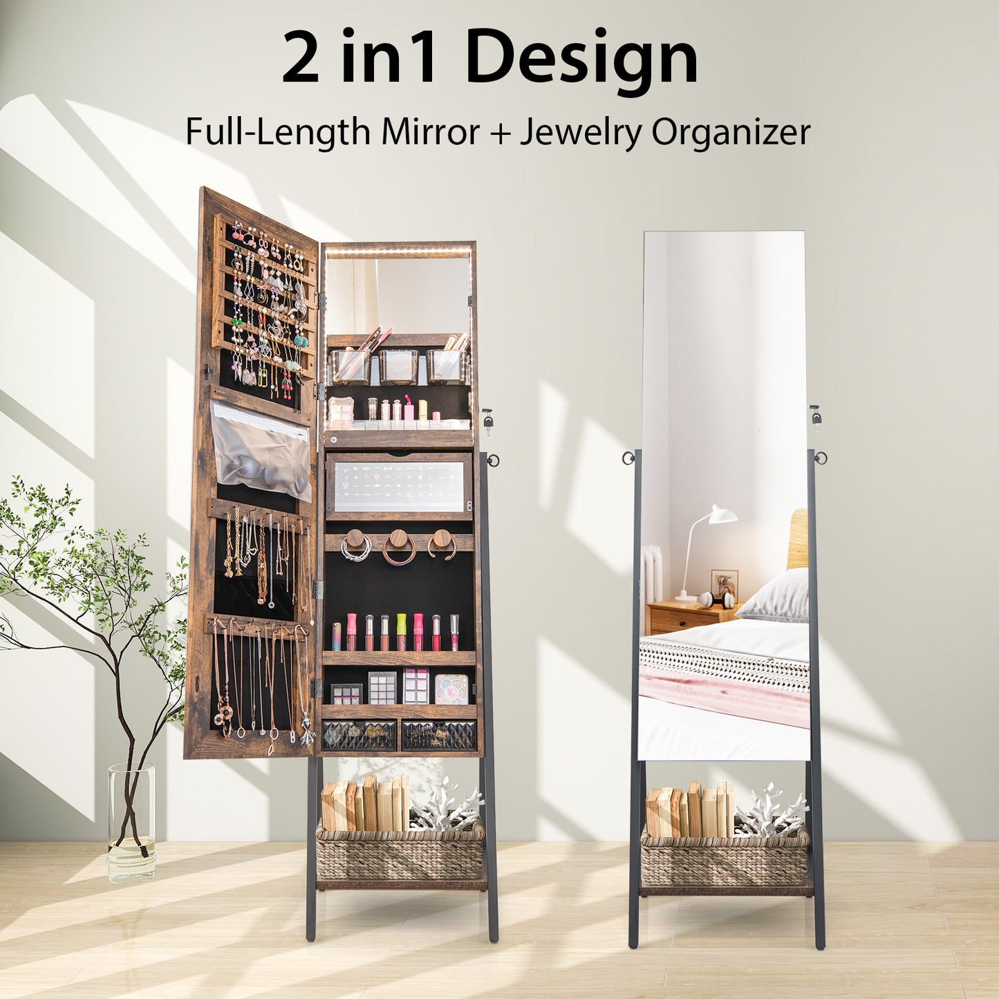 Jewelry Armoire with Full-Length Mirror and LED Lights