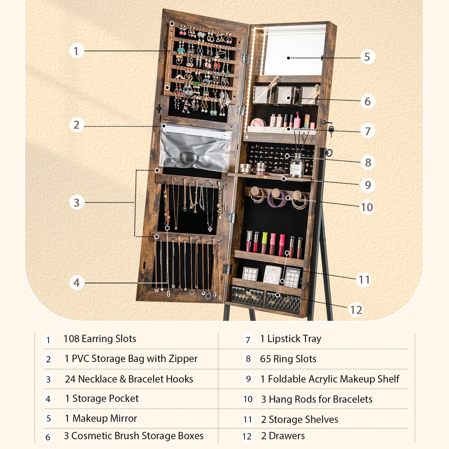 Jewelry Armoire with Full-Length Mirror and LED Lights