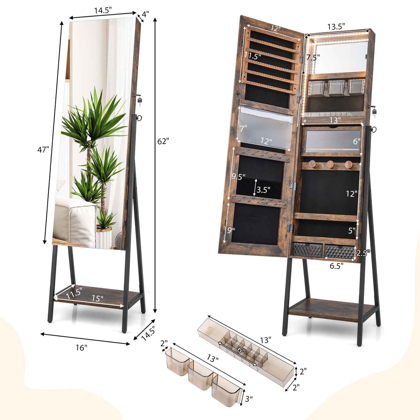 Jewelry Armoire with Full-Length Mirror and LED Lights