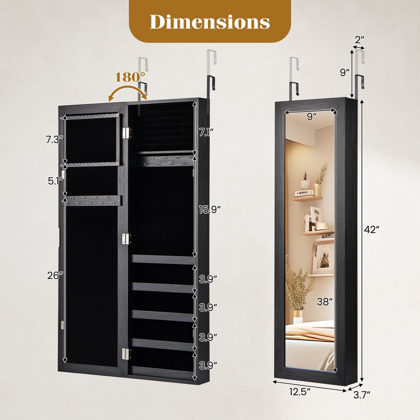 Wall Mounted Jewelry Armoire with Full-Length Mirror