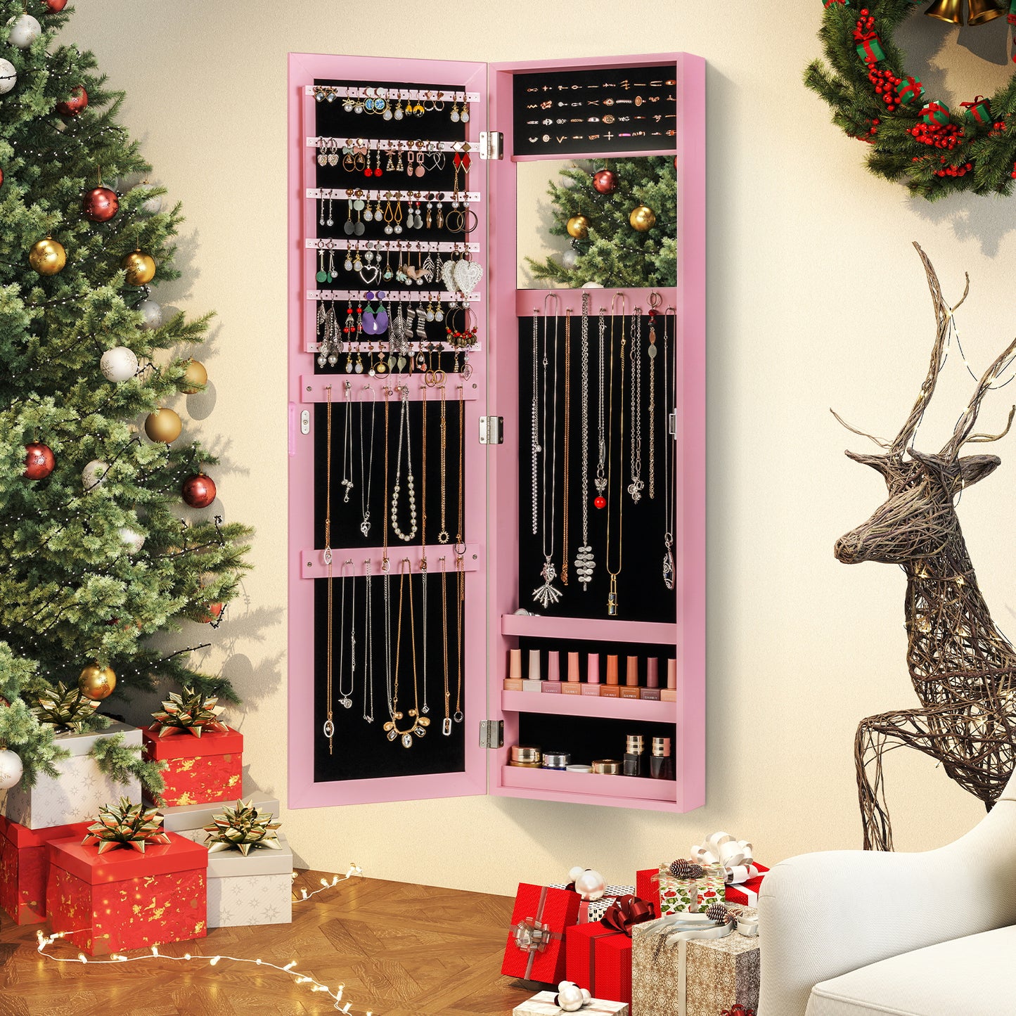 Full Length Mirror Jewelry Cabinet with Wall Mount