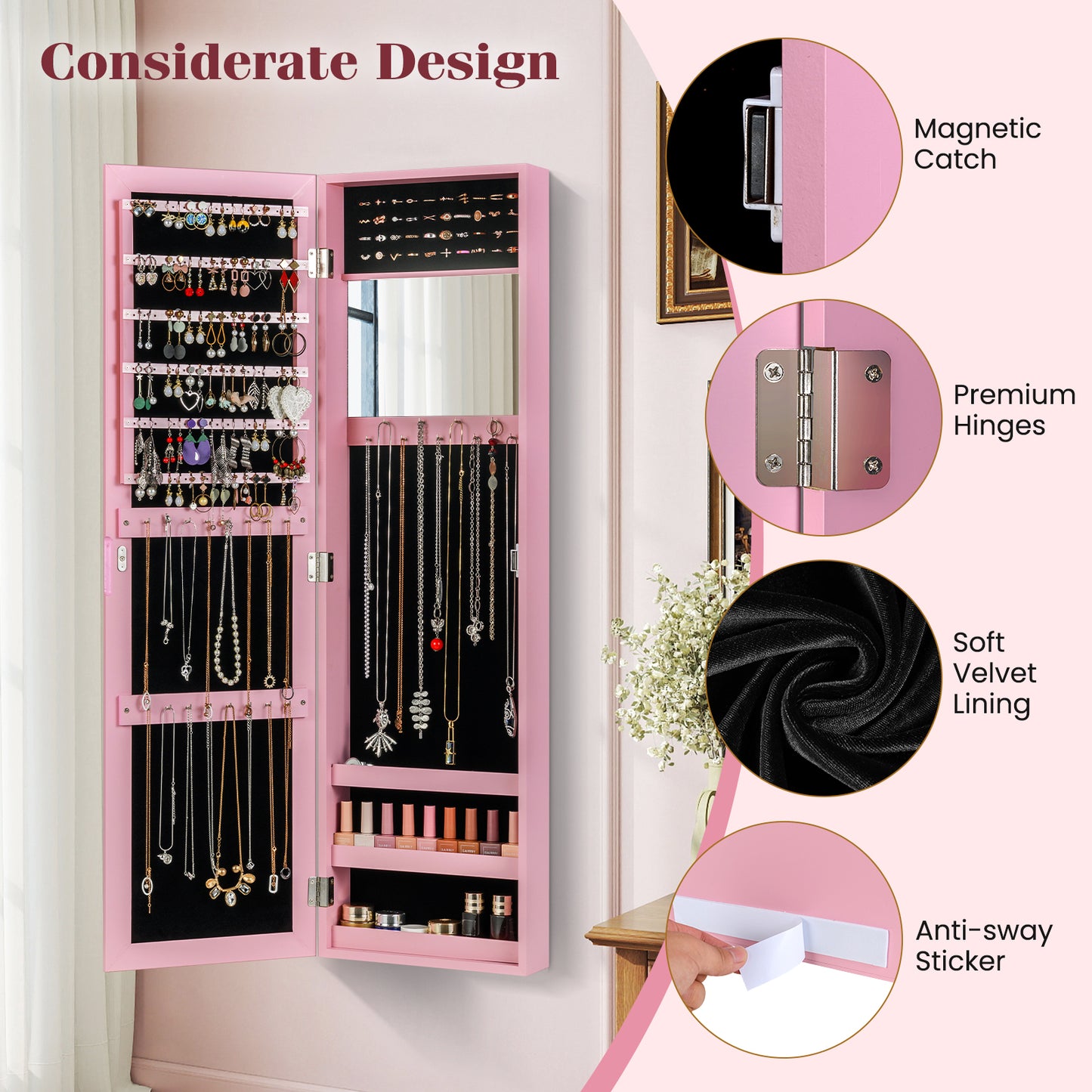 Full Length Mirror Jewelry Cabinet with Wall Mount