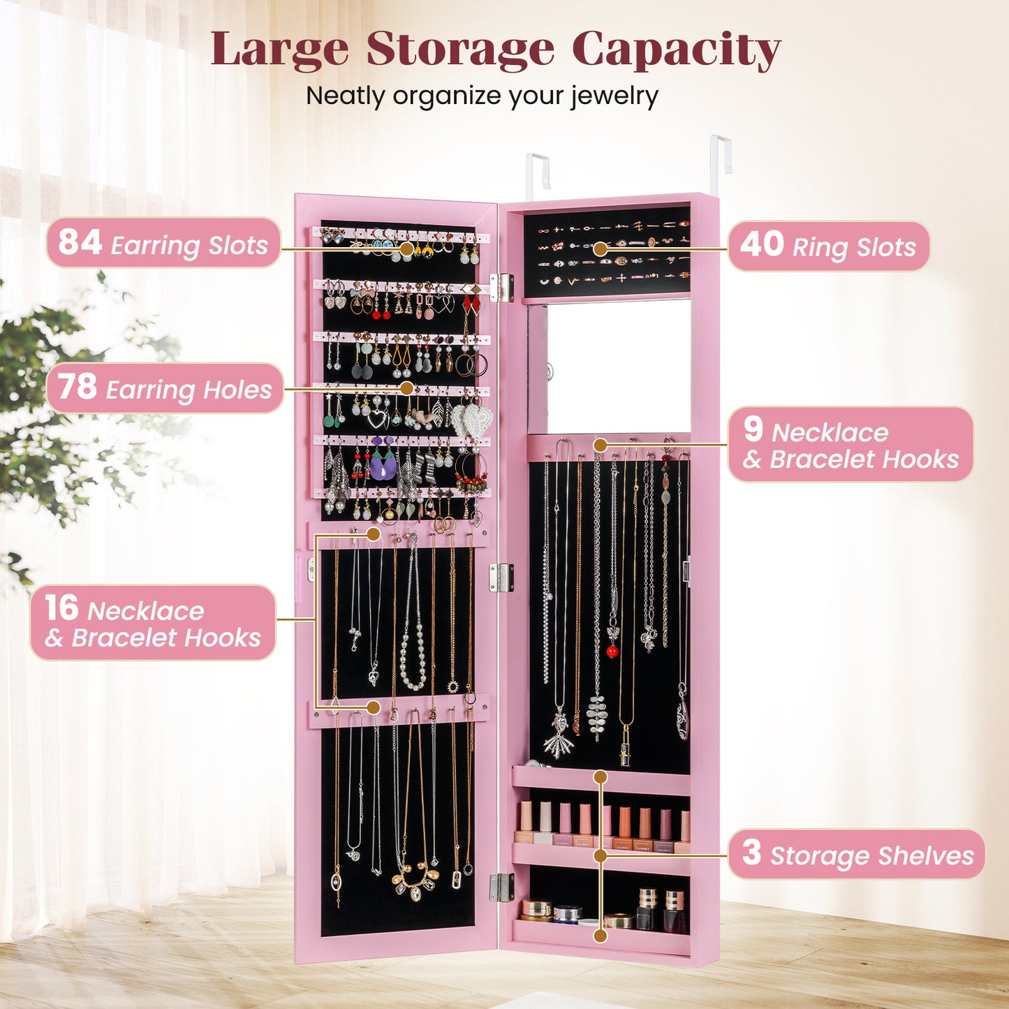 Full Length Mirror Jewelry Cabinet with Wall Mount