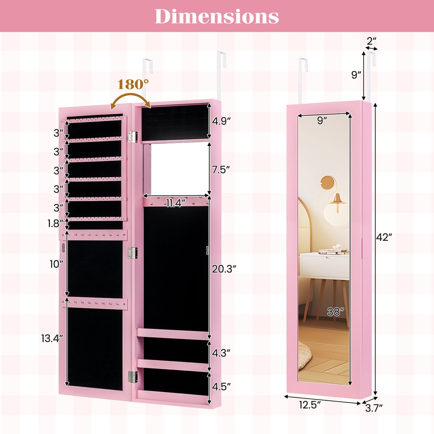 Full Length Mirror Jewelry Cabinet with Wall Mount