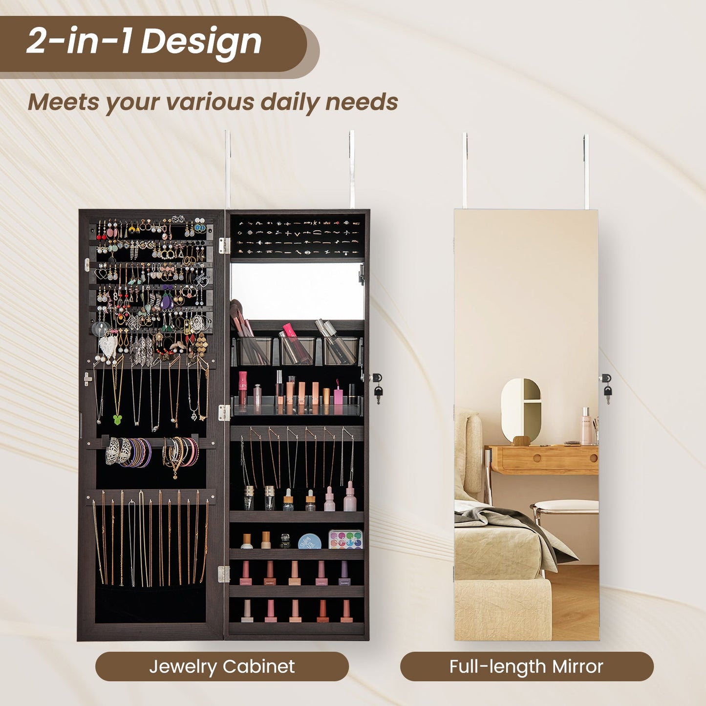 43.5 Inch Jewelry Mirror Cabinet with Full-length Mirror and Adjustable Hangers