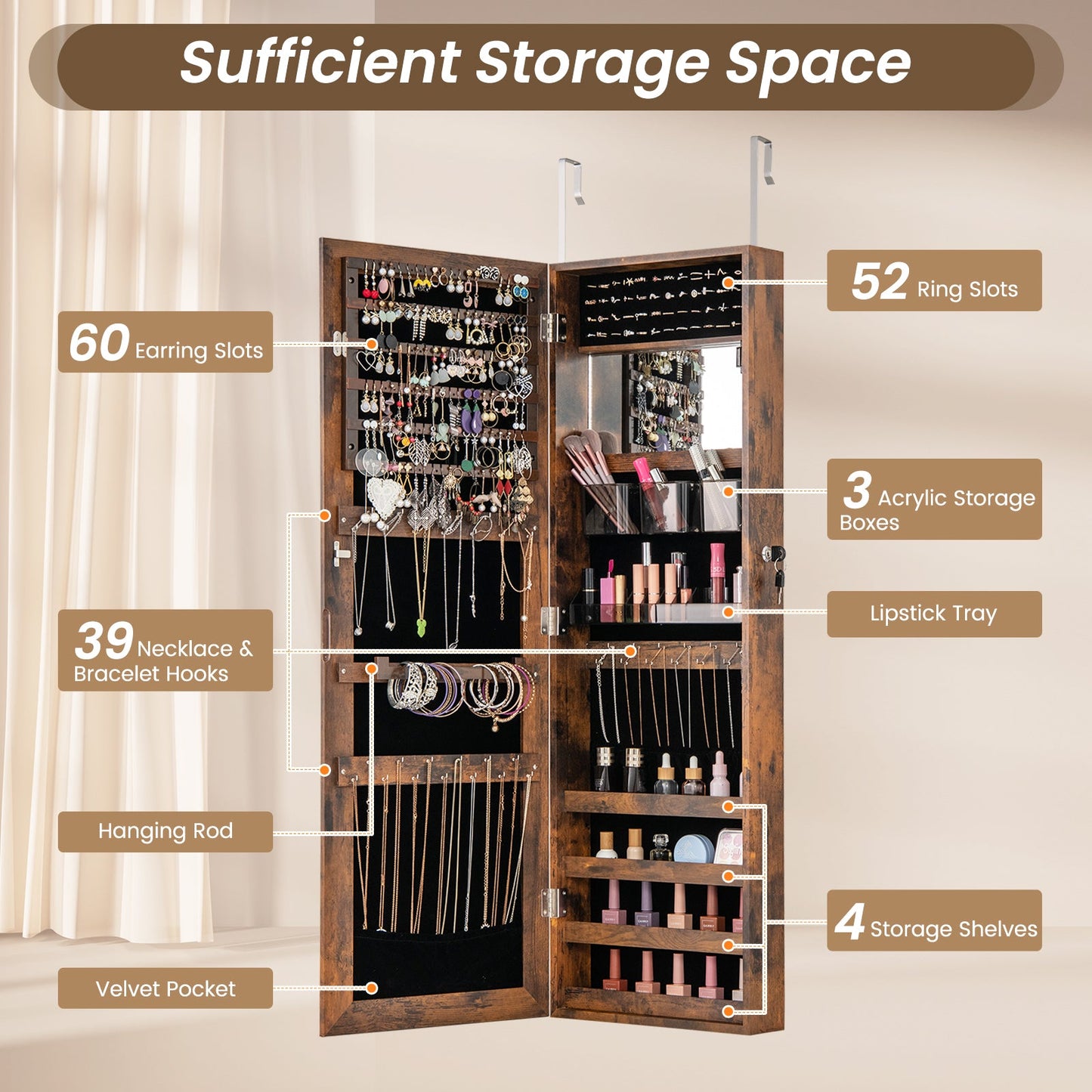 43.5 Inch Jewelry Mirror Cabinet with Full-length Mirror and Adjustable Hangers