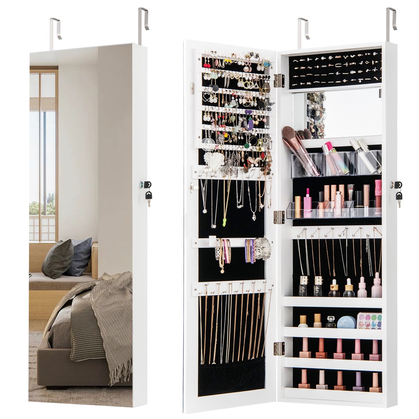 43.5 Inch Jewelry Mirror Cabinet with Full-length Mirror and Adjustable Hangers