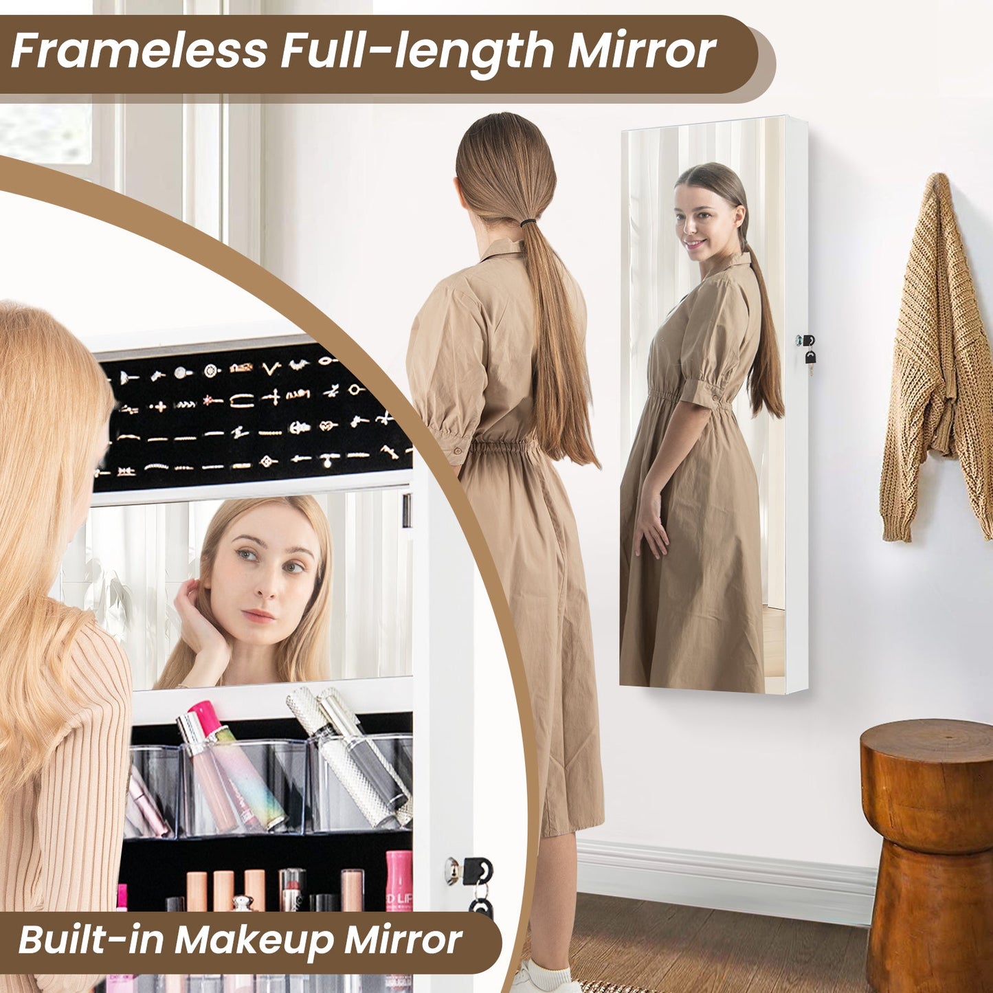 43.5 Inch Jewelry Mirror Cabinet with Full-length Mirror and Adjustable Hangers