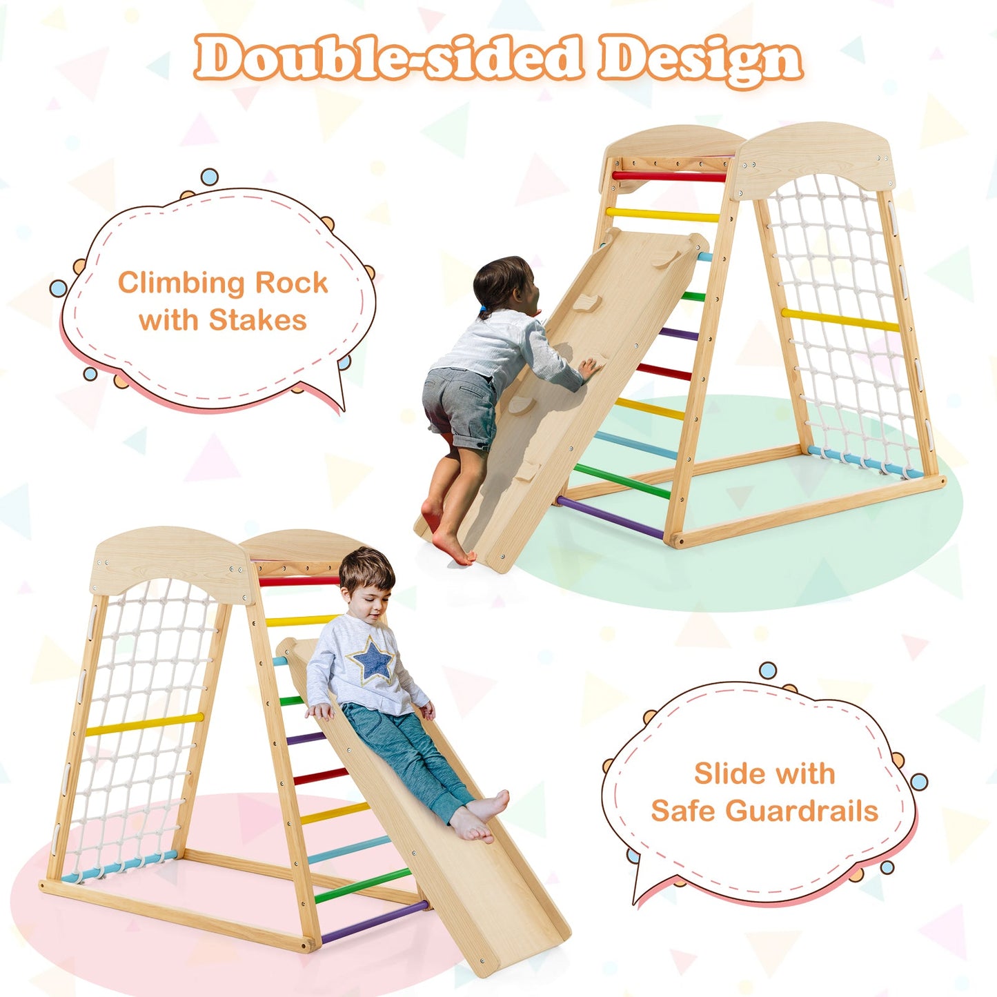 6-in-1 Jungle Gym Wooden Indoor Playground with Double-Sided Ramp and Monkey Bars