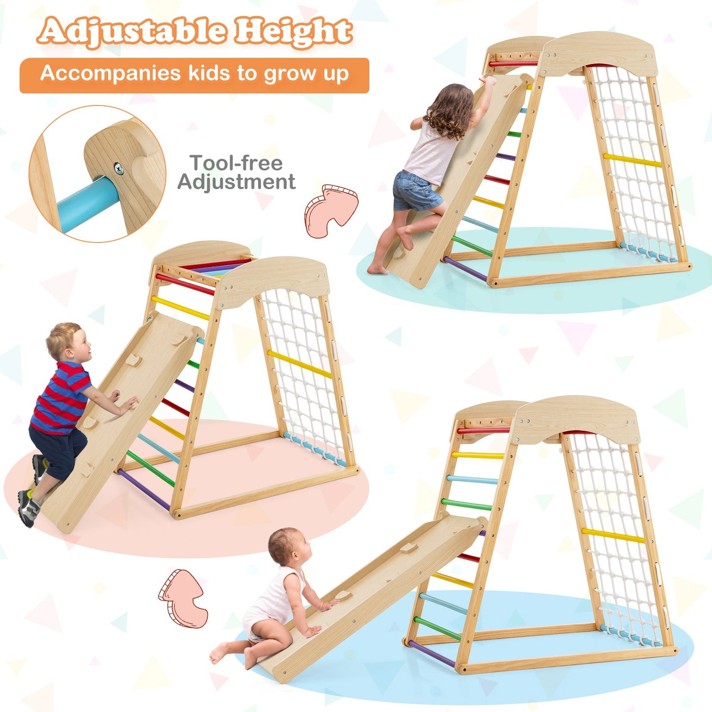 6-in-1 Jungle Gym Wooden Indoor Playground with Double-Sided Ramp and Monkey Bars
