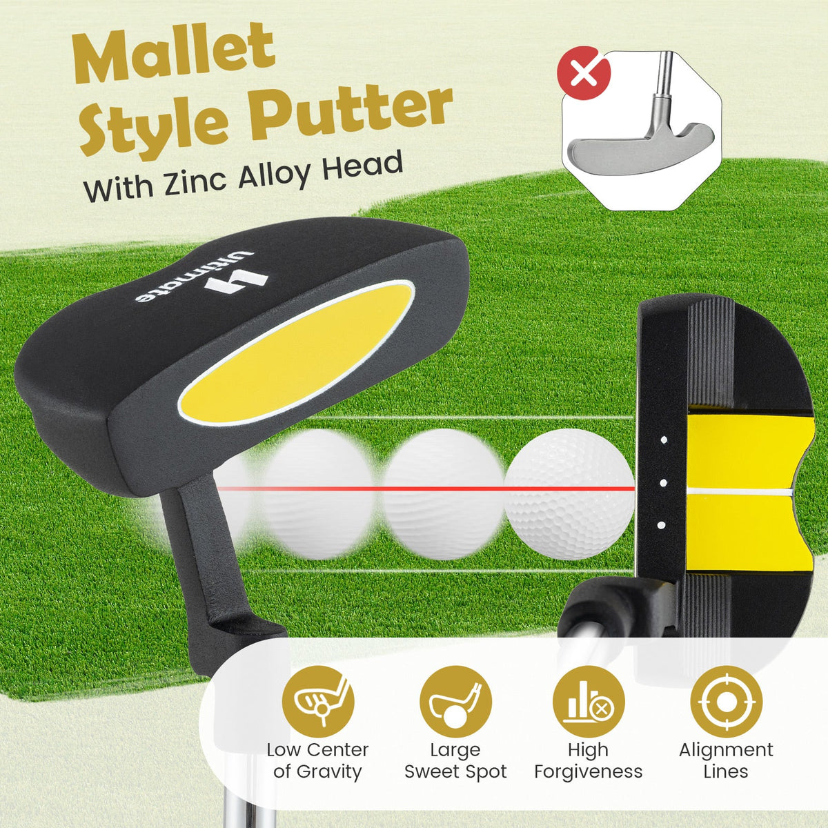 Junior Mallet Putter Individual Gold Club for 8-10 years old Kids