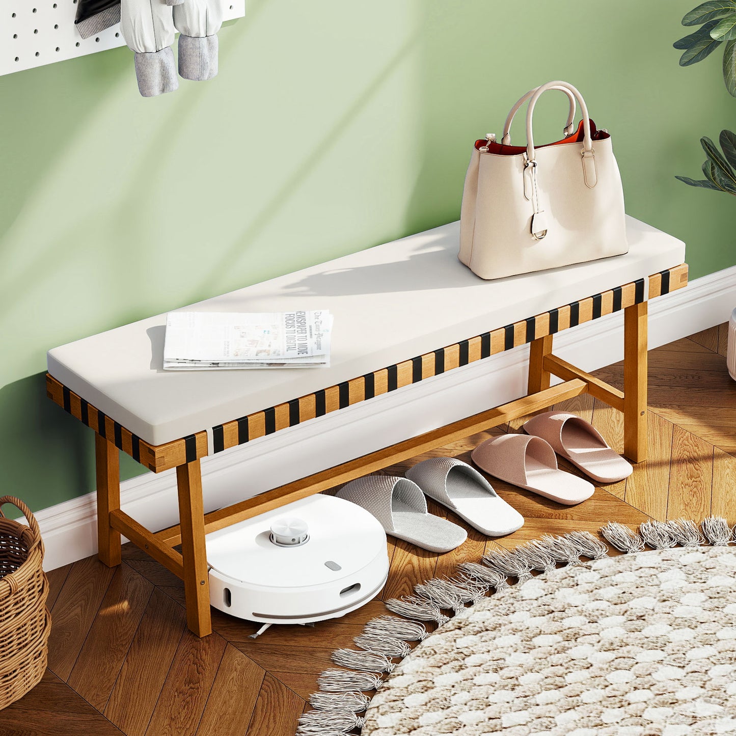 48-Inch Acacia Wood Outdoor Bench with Padded Cushion