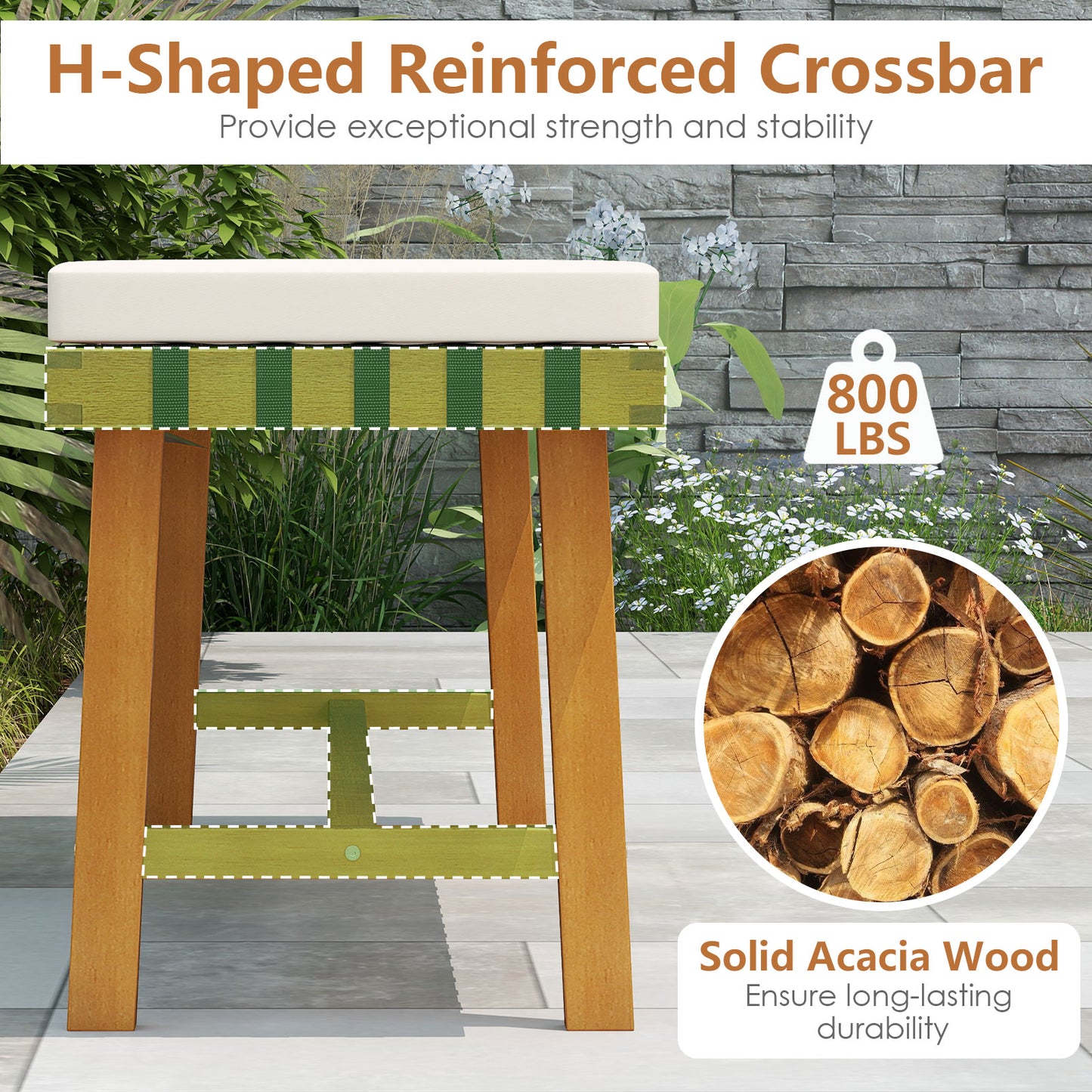 48-Inch Acacia Wood Outdoor Bench with Padded Cushion