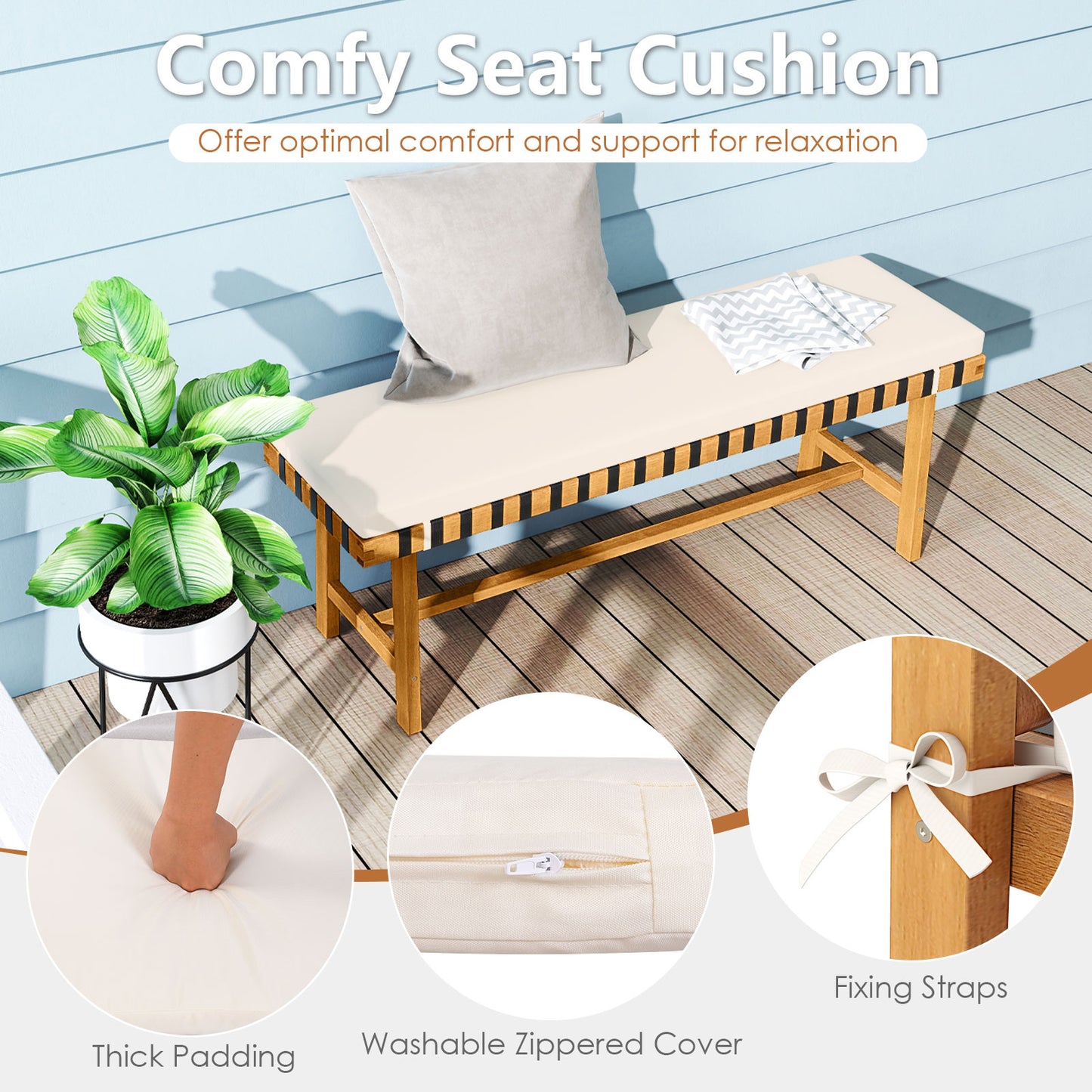 48-Inch Acacia Wood Outdoor Bench with Padded Cushion