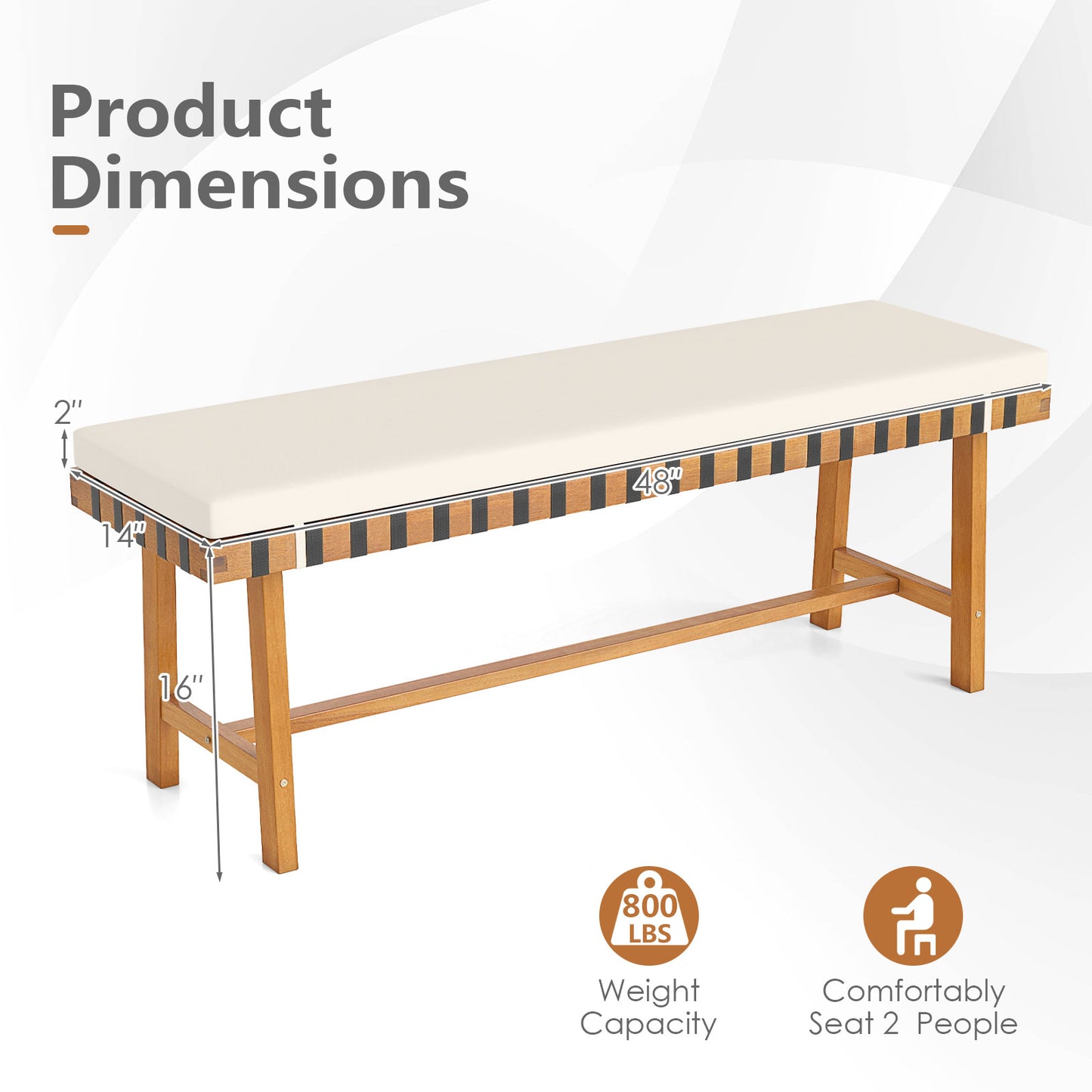 48-Inch Acacia Wood Outdoor Bench with Padded Cushion