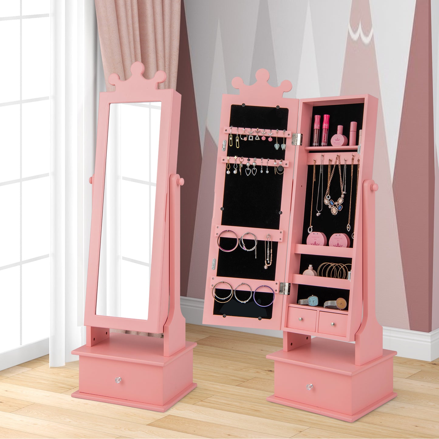 Kids Jewelry Armoire with Full Length Mirror and Drawers