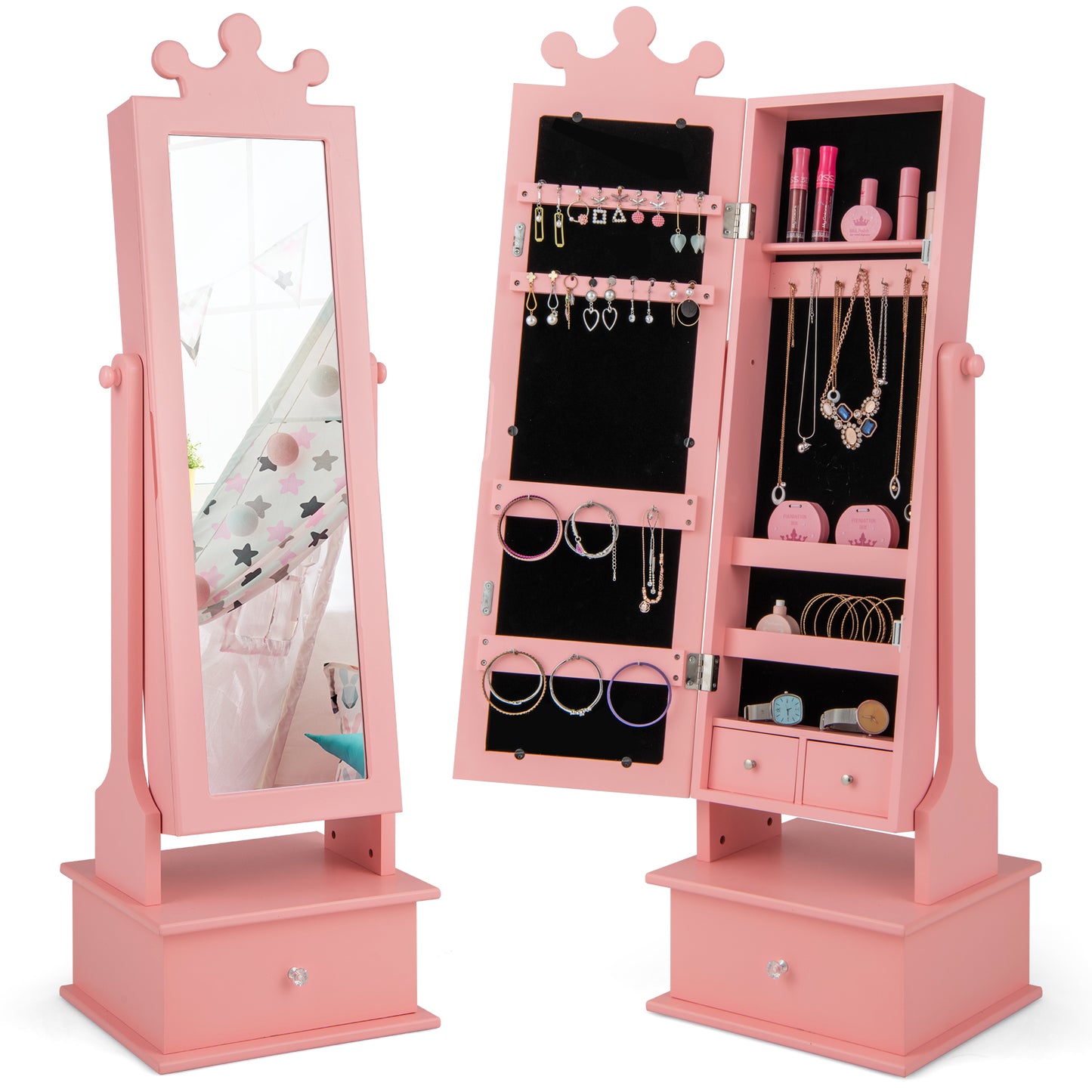 Kids Jewelry Armoire with Full Length Mirror and Drawers