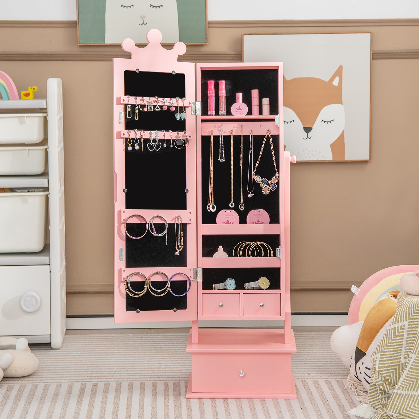 Kids Jewelry Armoire with Full Length Mirror and Drawers