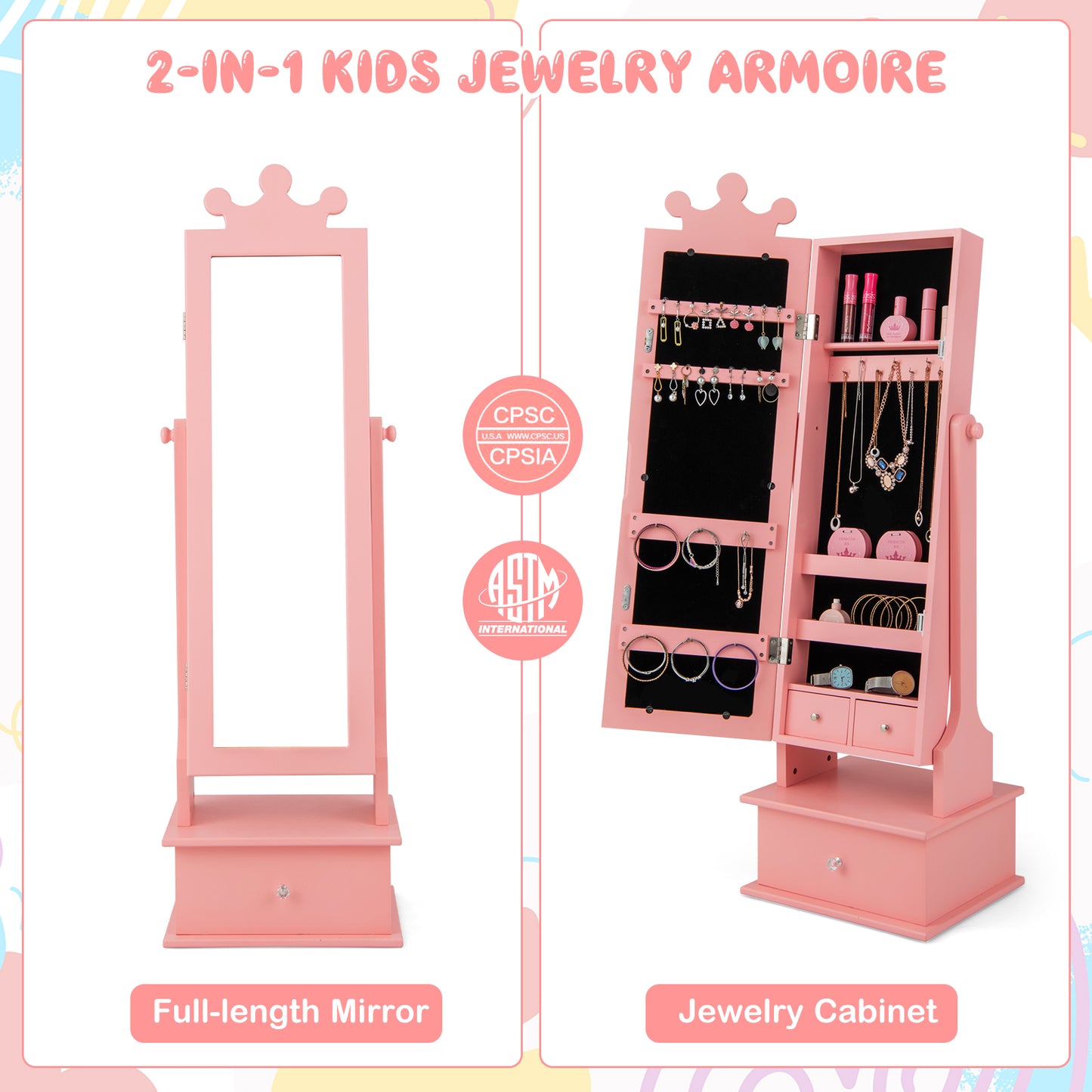 Kids Jewelry Armoire with Full Length Mirror and Drawers