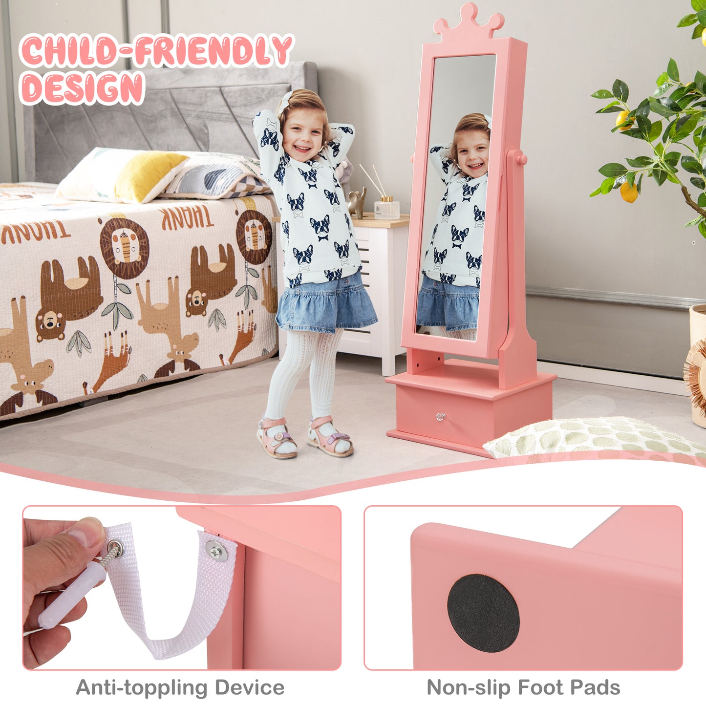 Kids Jewelry Armoire with Full Length Mirror and Drawers