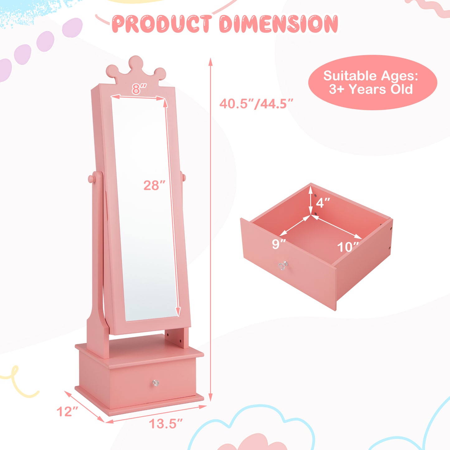 Kids Jewelry Armoire with Full Length Mirror and Drawers