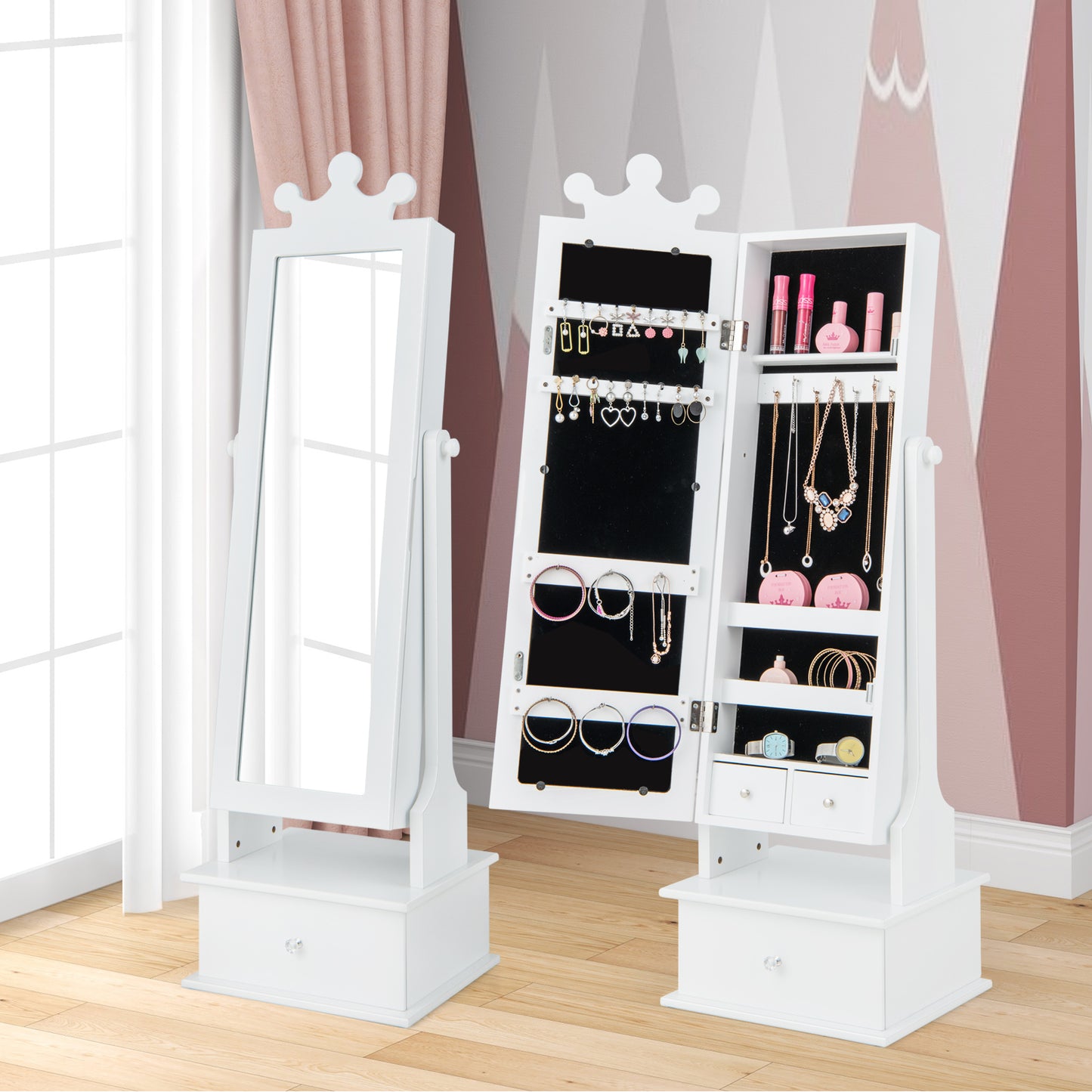 Kids Jewelry Armoire with Full Length Mirror and Drawers