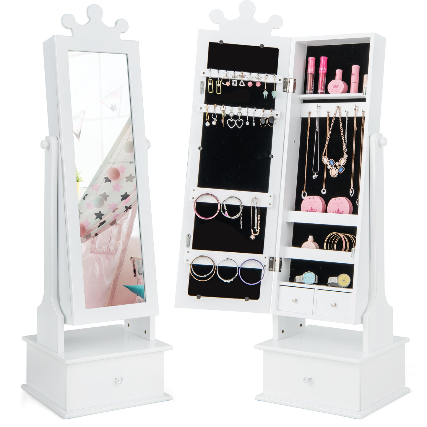 Kids Jewelry Armoire with Full Length Mirror and Drawers