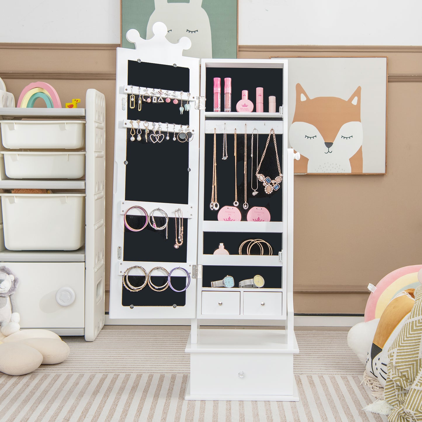 Kids Jewelry Armoire with Full Length Mirror and Drawers