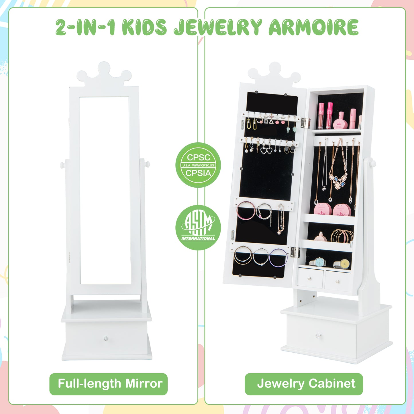 Kids Jewelry Armoire with Full Length Mirror and Drawers