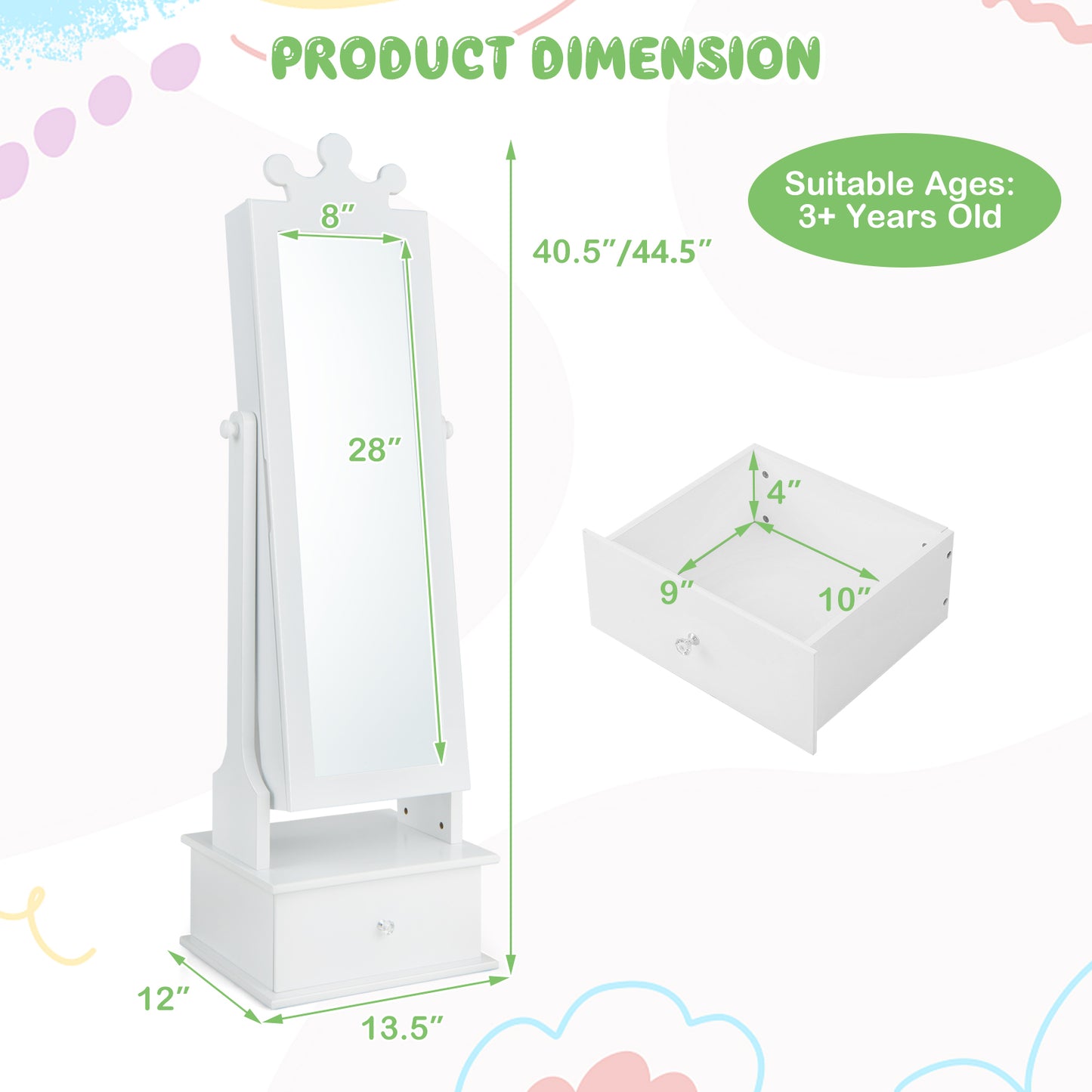 Kids Jewelry Armoire with Full Length Mirror and Drawers